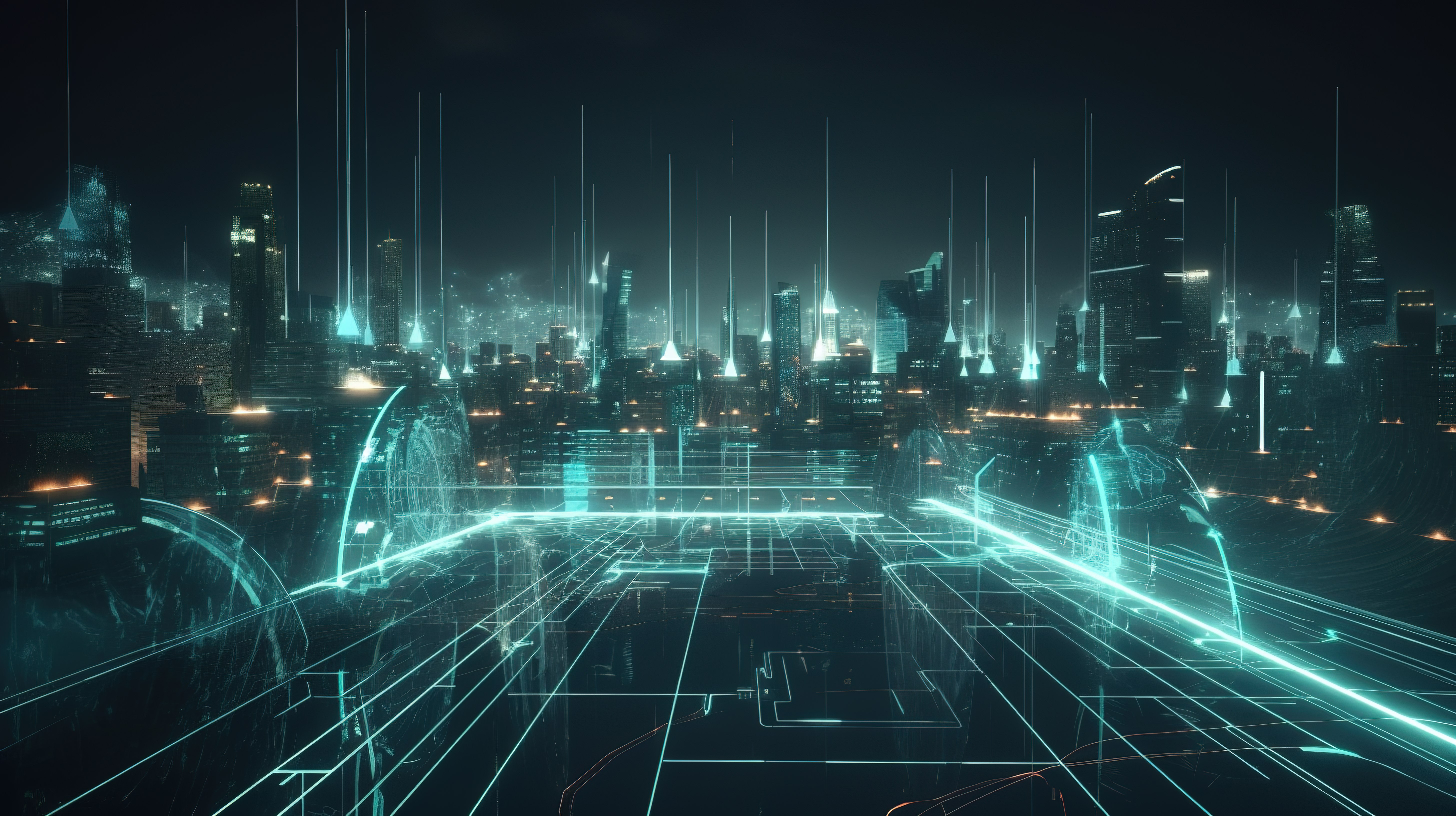 未来派全息图城市 3d 运动图形描绘数字城市设计 ai 和智能城市概念与赛博朋克触摸图片