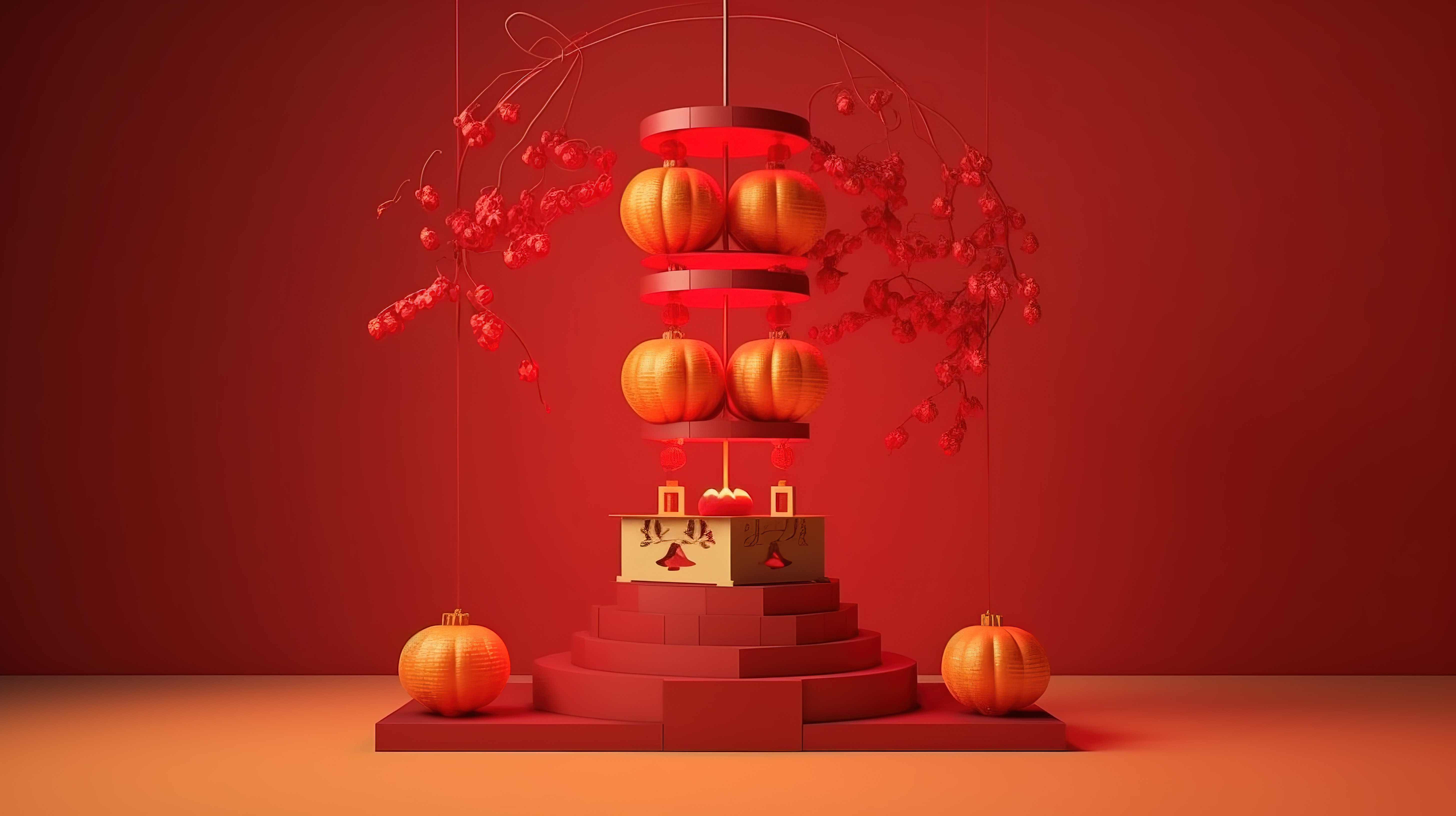 中国新年庆祝活动 3D 插图讲台装饰着红灯笼图片