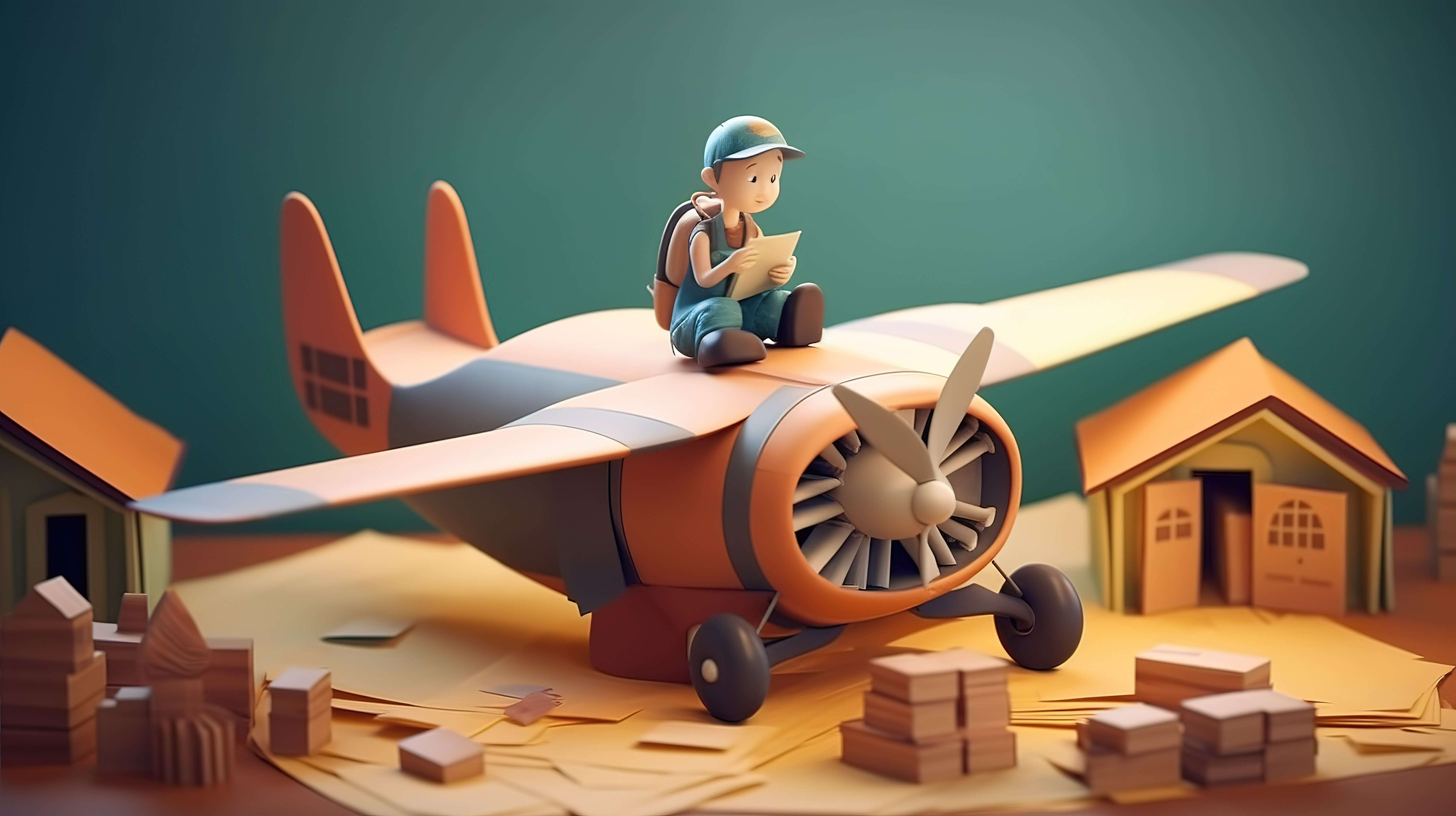 沉浸式 3D 插图，其中一个孩子在一本儿童读物的背景下驾驶纸板飞机图片