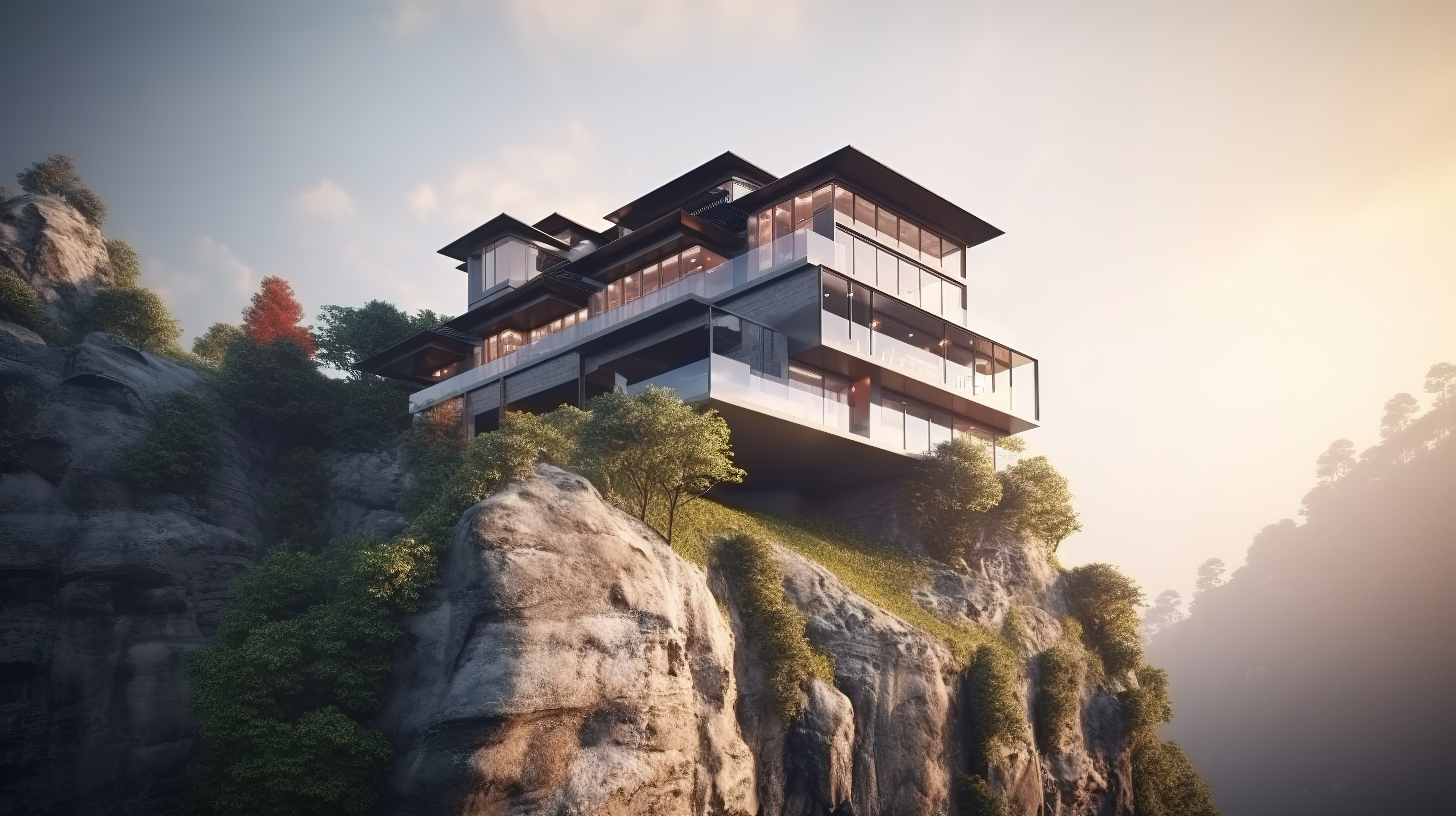 现代建筑悬崖边别墅 3D 渲染的山区度假胜地图片