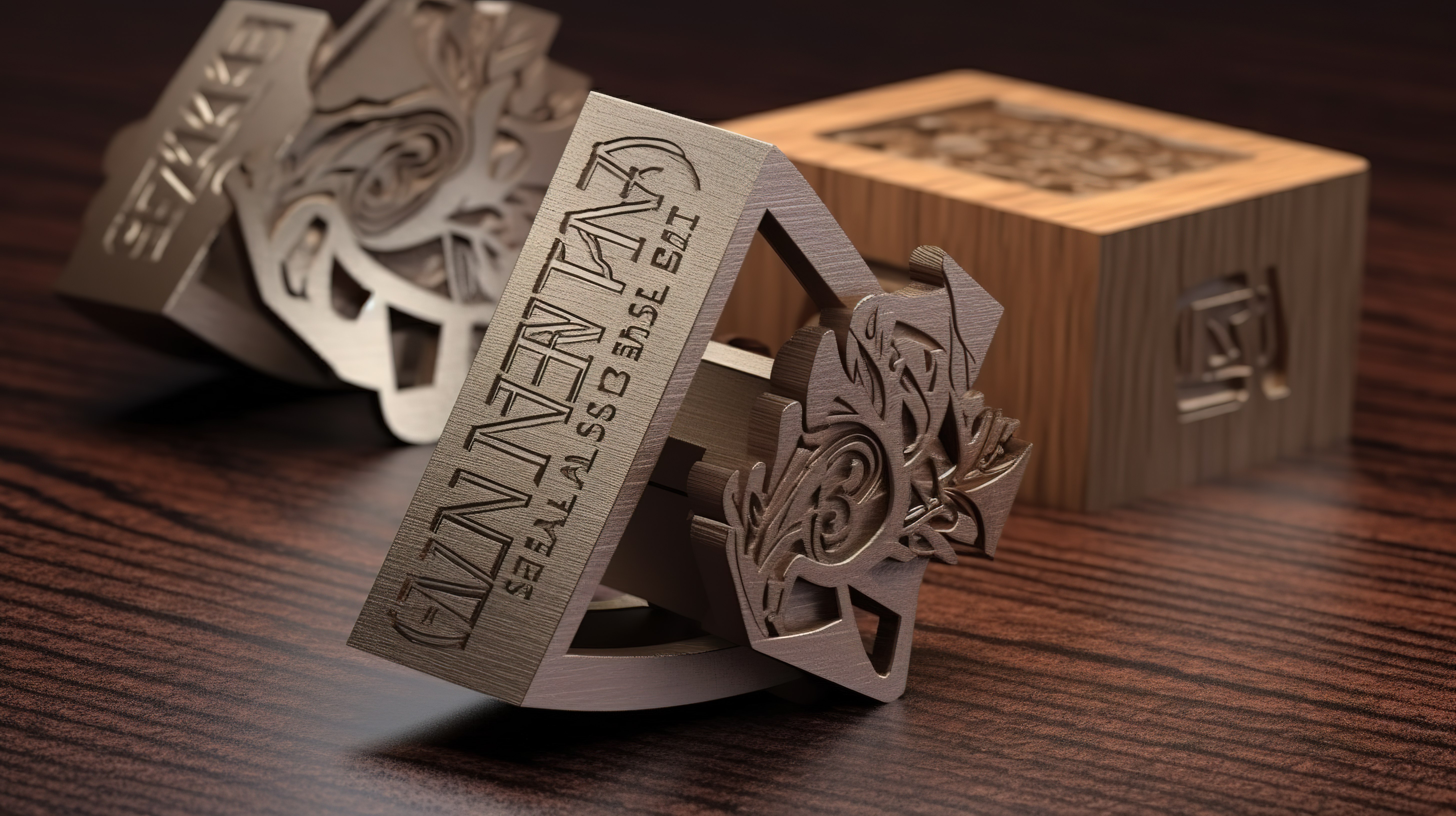 网页上带有金属和木质印章的金融概念的 3D 渲染图片
