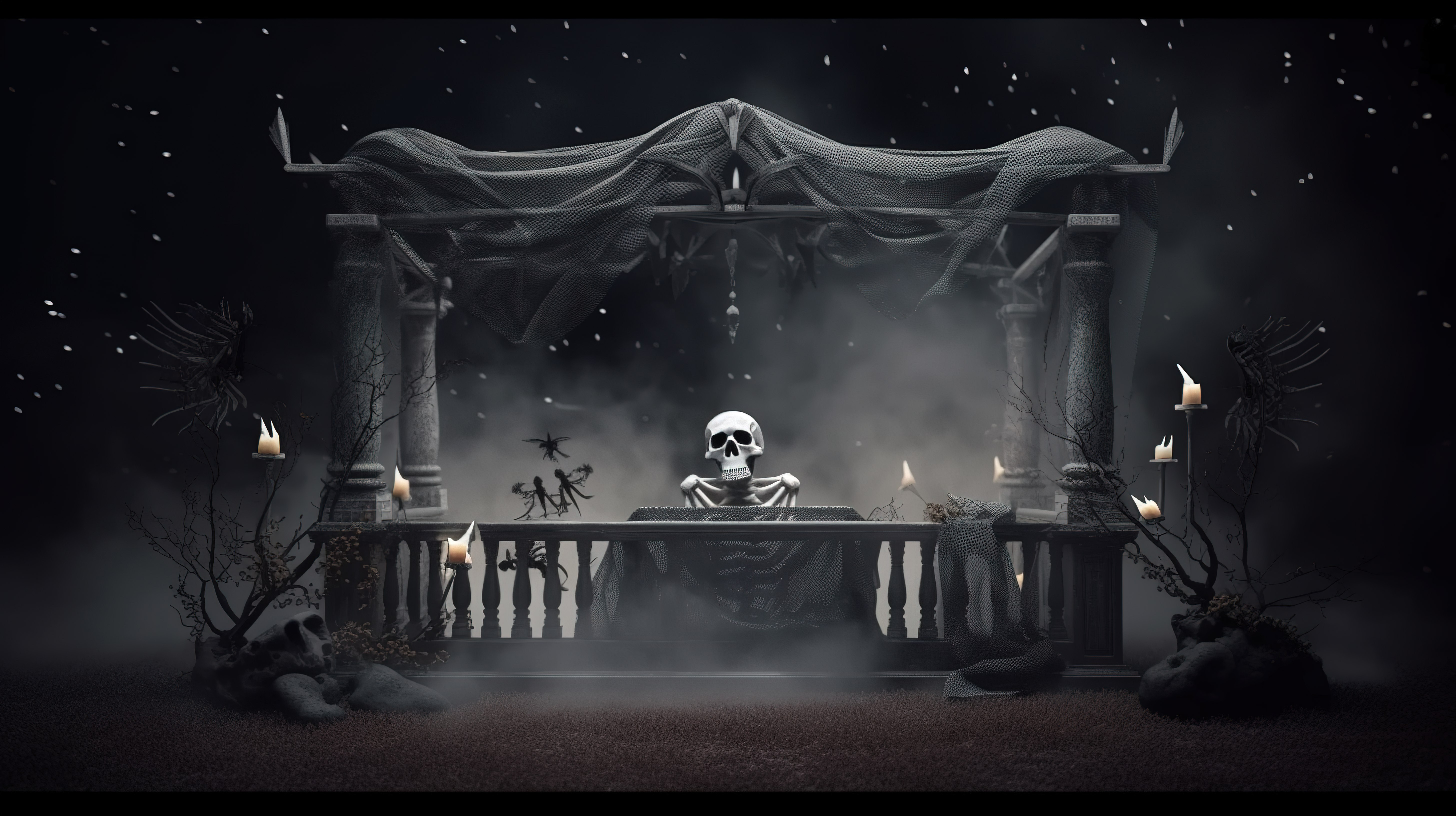 3D 渲染中带有鬼头骨和墓地的空万圣节横幅图片