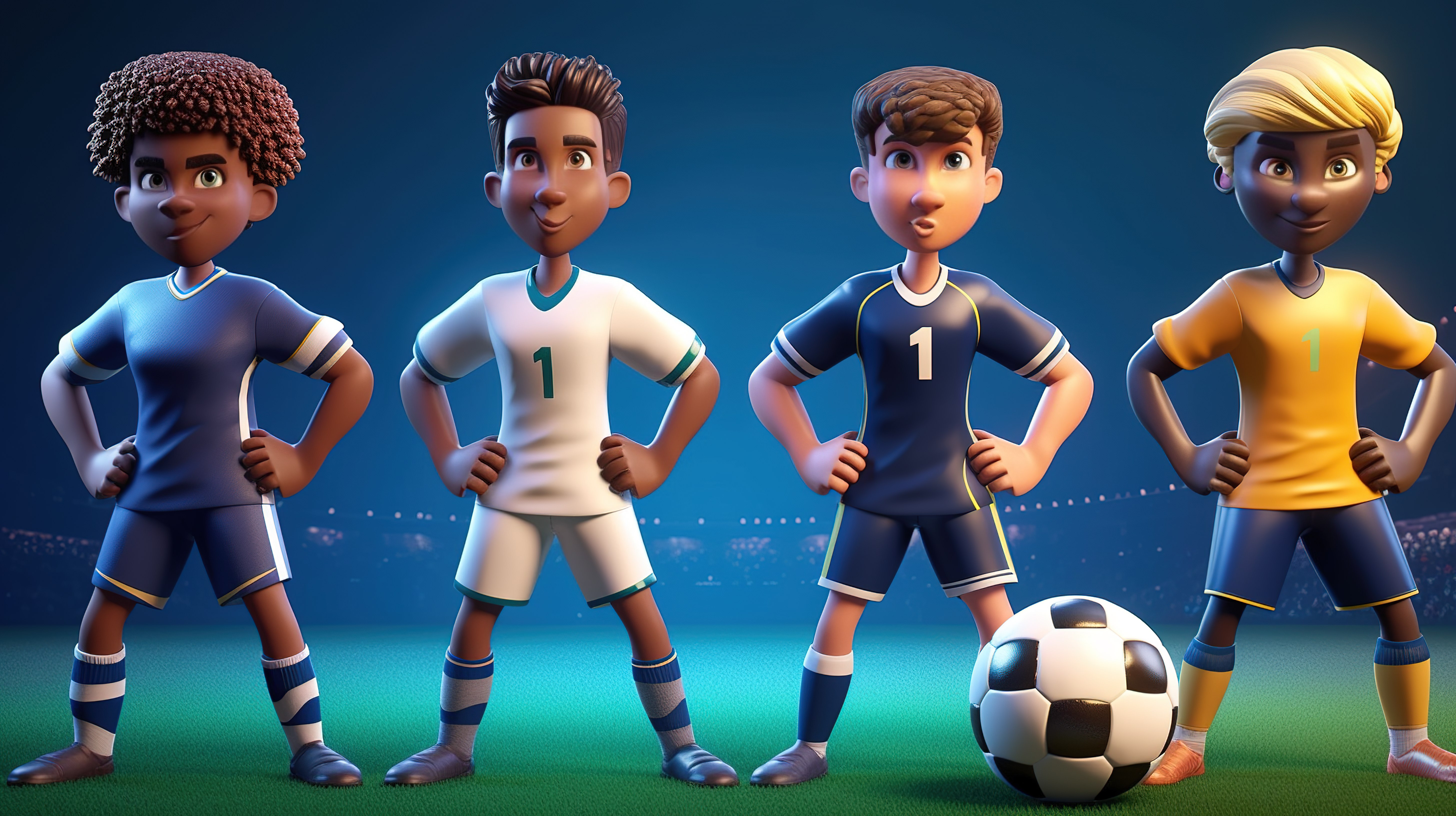 3D 渲染中的多民族足球运动员以不同肤色和发型进球图片