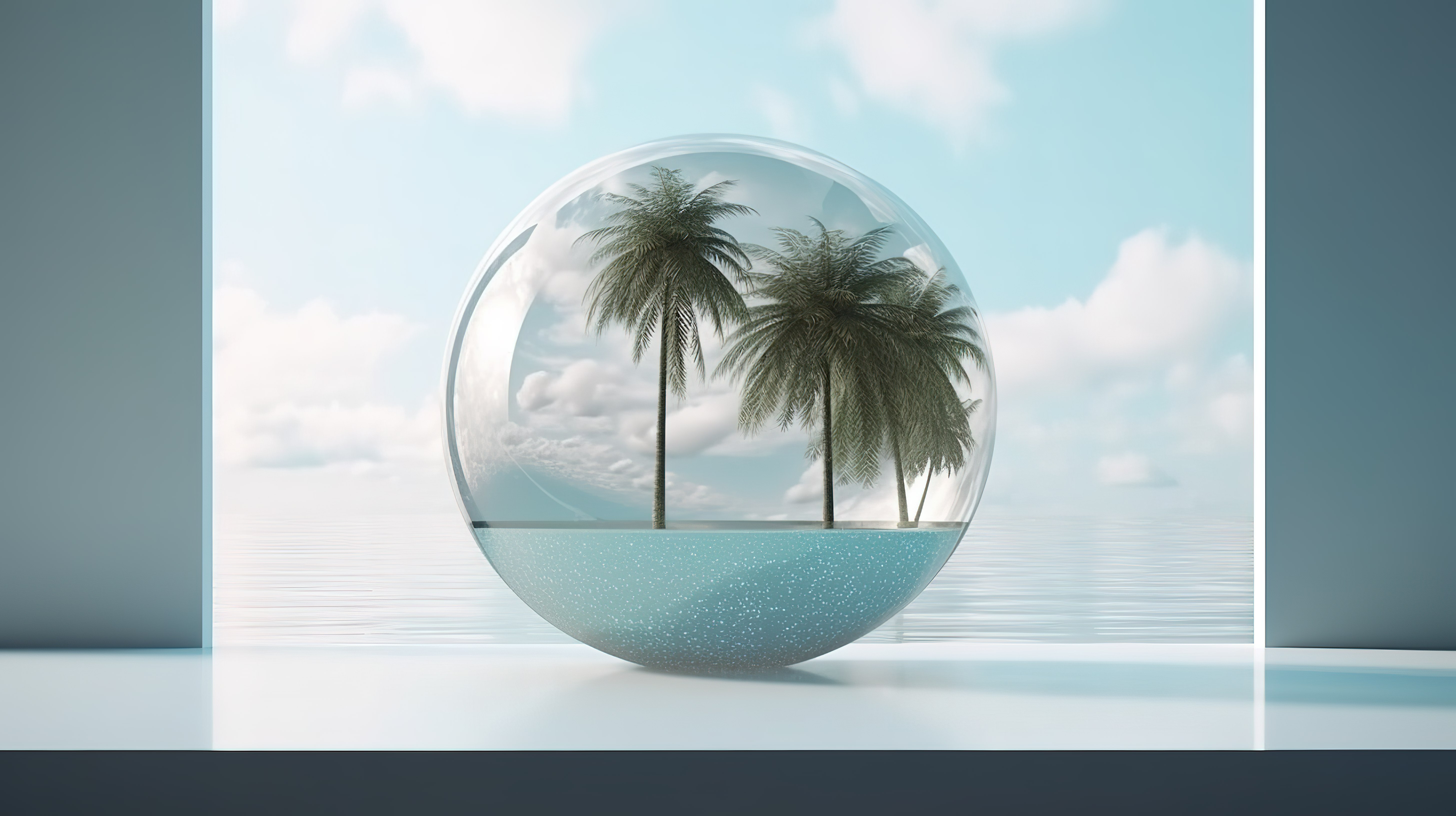 3D 渲染场景中的陶瓷球背景和玻璃墙滨水平台图片