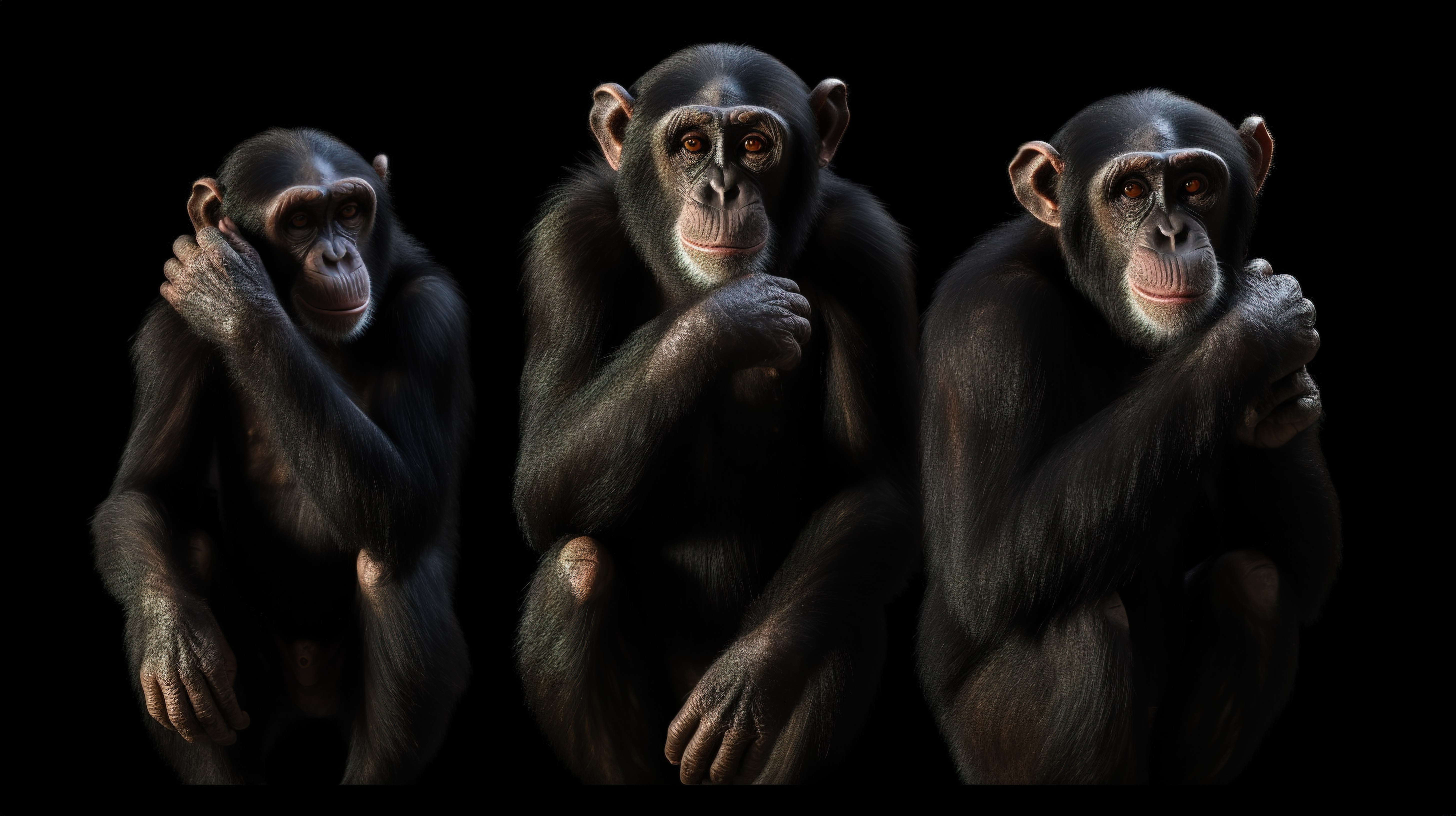 黑猩猩在 3d 中站立并在黑色背景下闭上眼睛图片