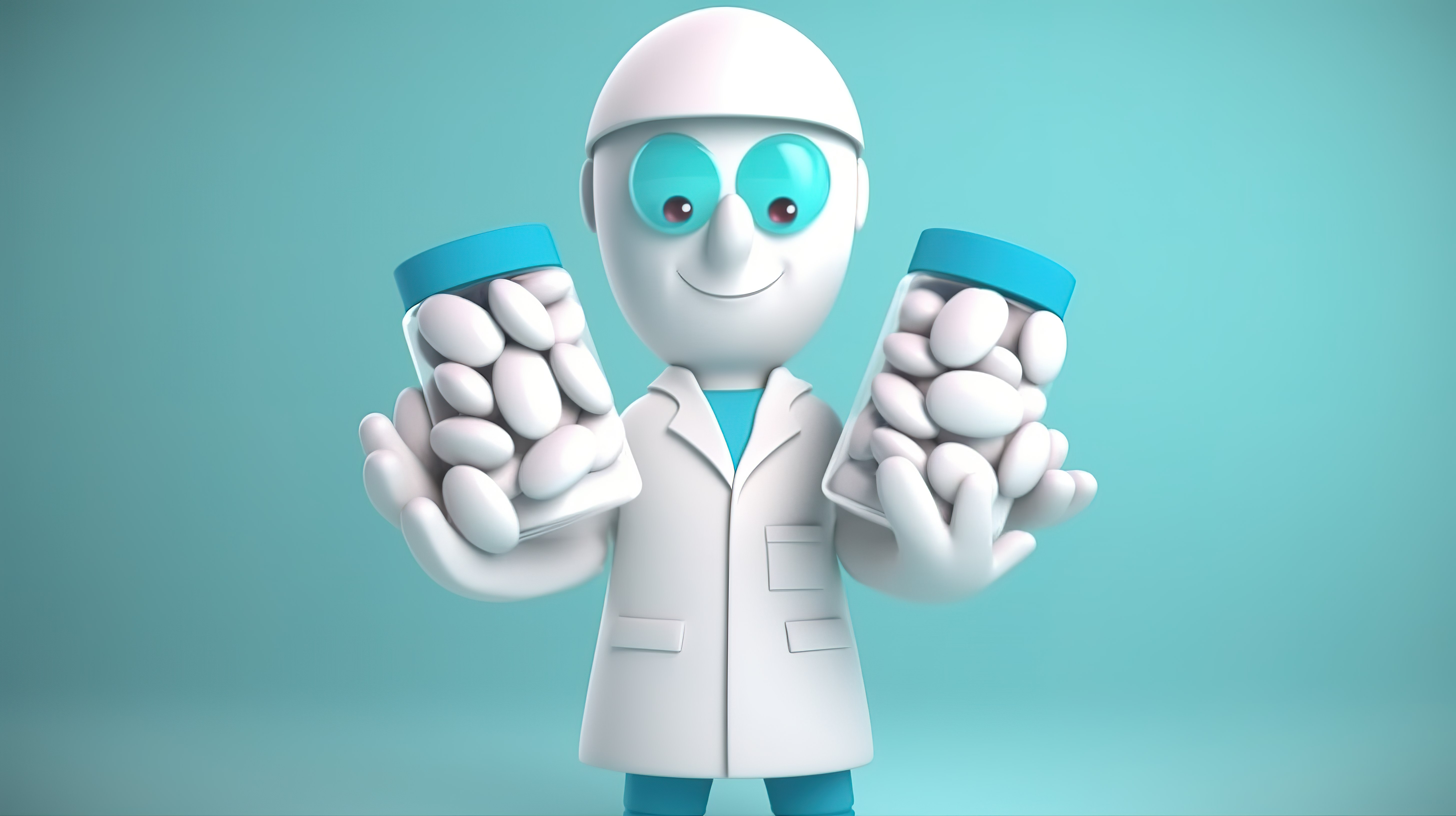 医生或药剂师的卡通人物选择用 3D 渲染描绘的治疗方法并持有两个大药丸图片