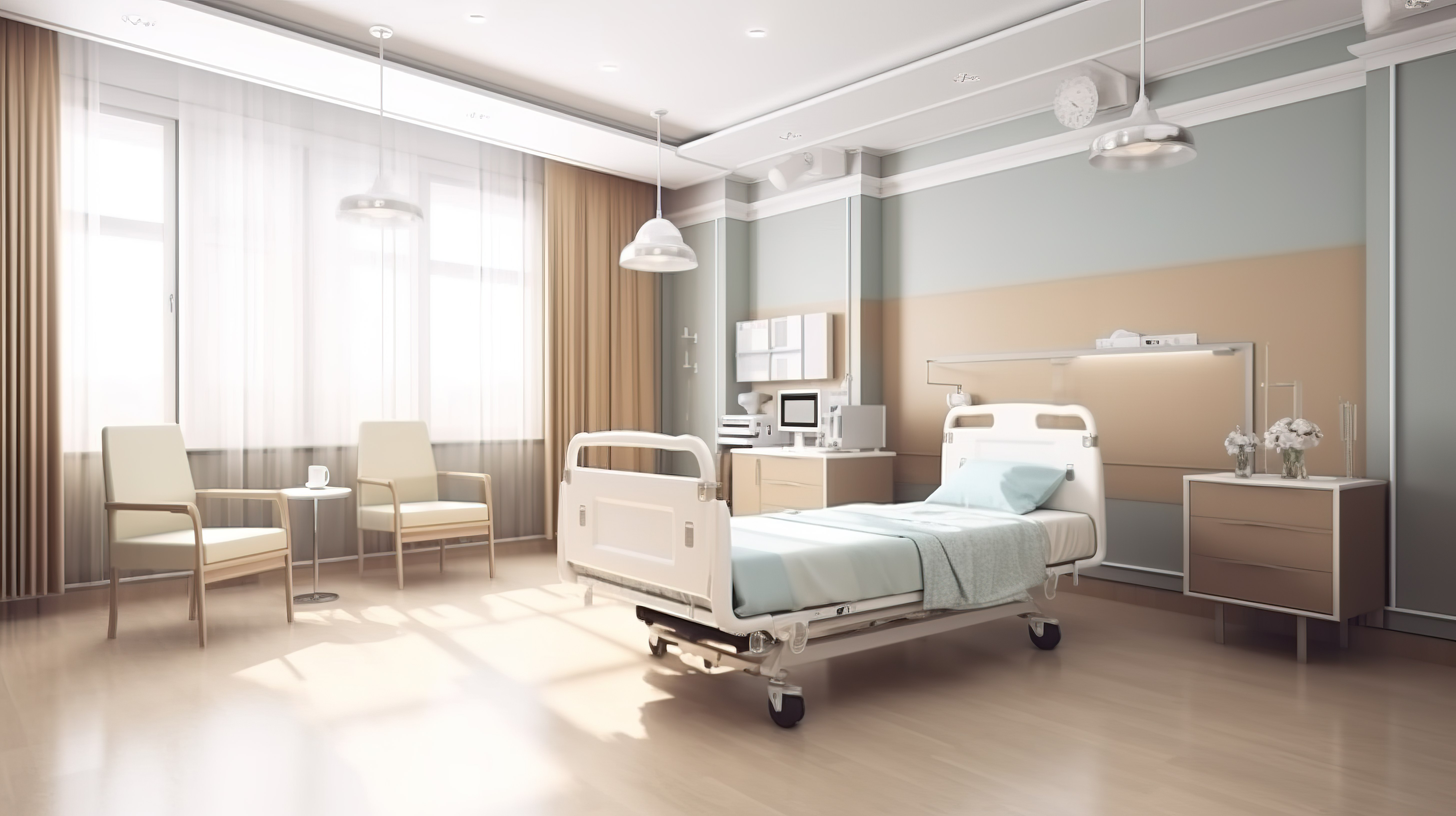 医院住院室配有床和设施，康复空间的 3D 渲染图片