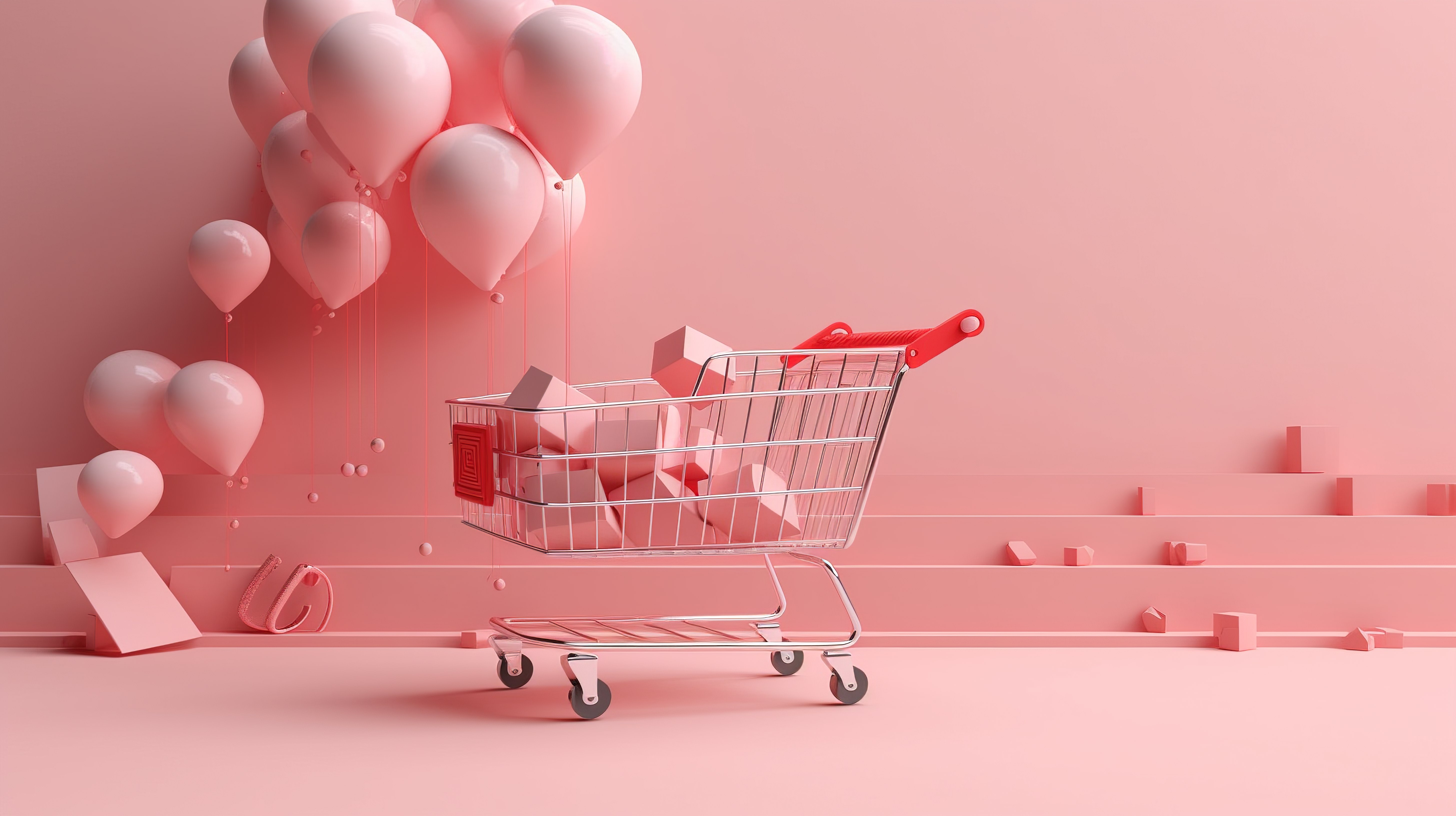 情人节销售概念粉色购物车，配有礼品盒和心脏，以最小的 3D 渲染漂浮在柔和的背景上图片
