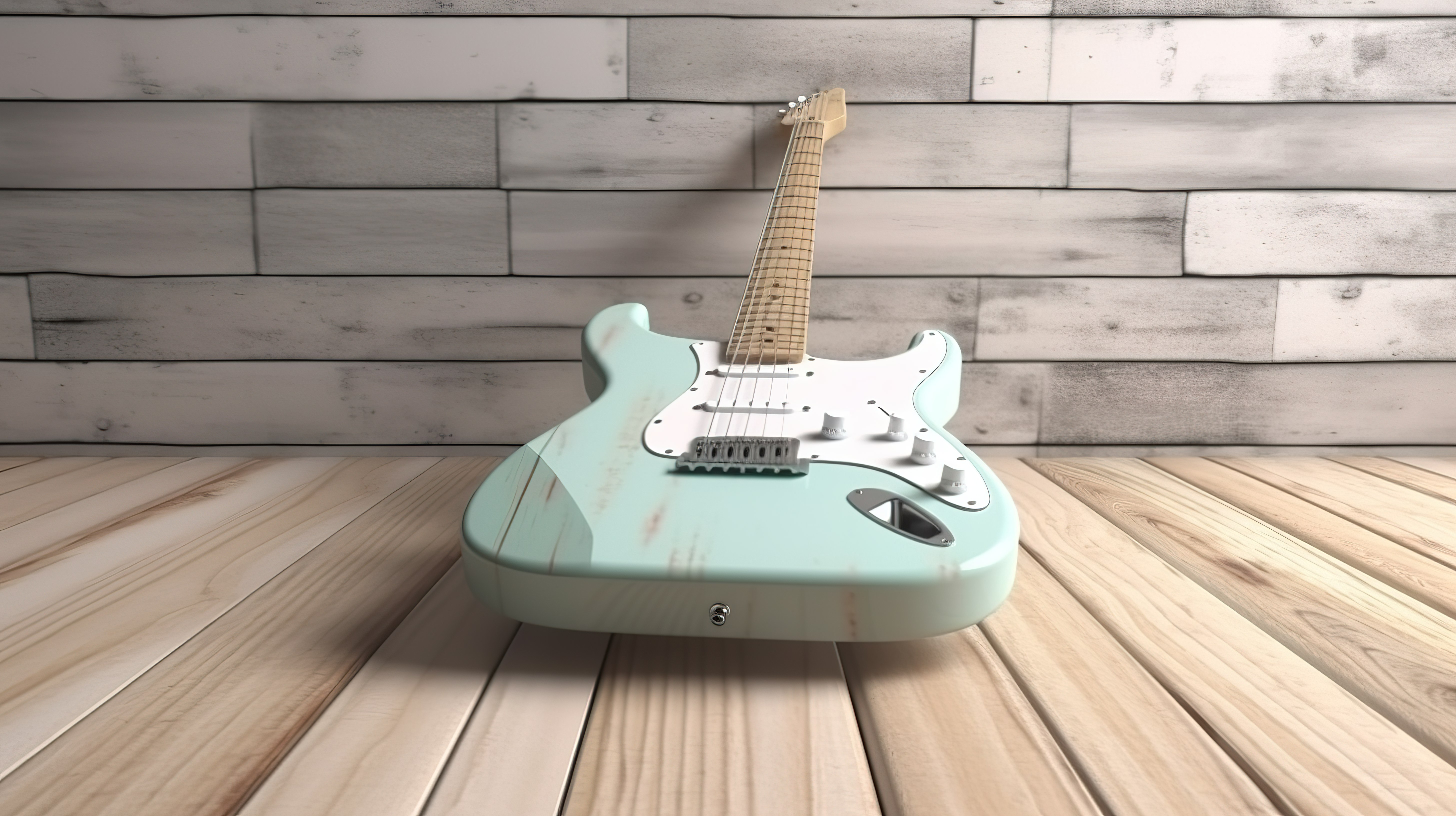 柔和的两色调乡村风格 3D 渲染与托盘木上的电吉他图片