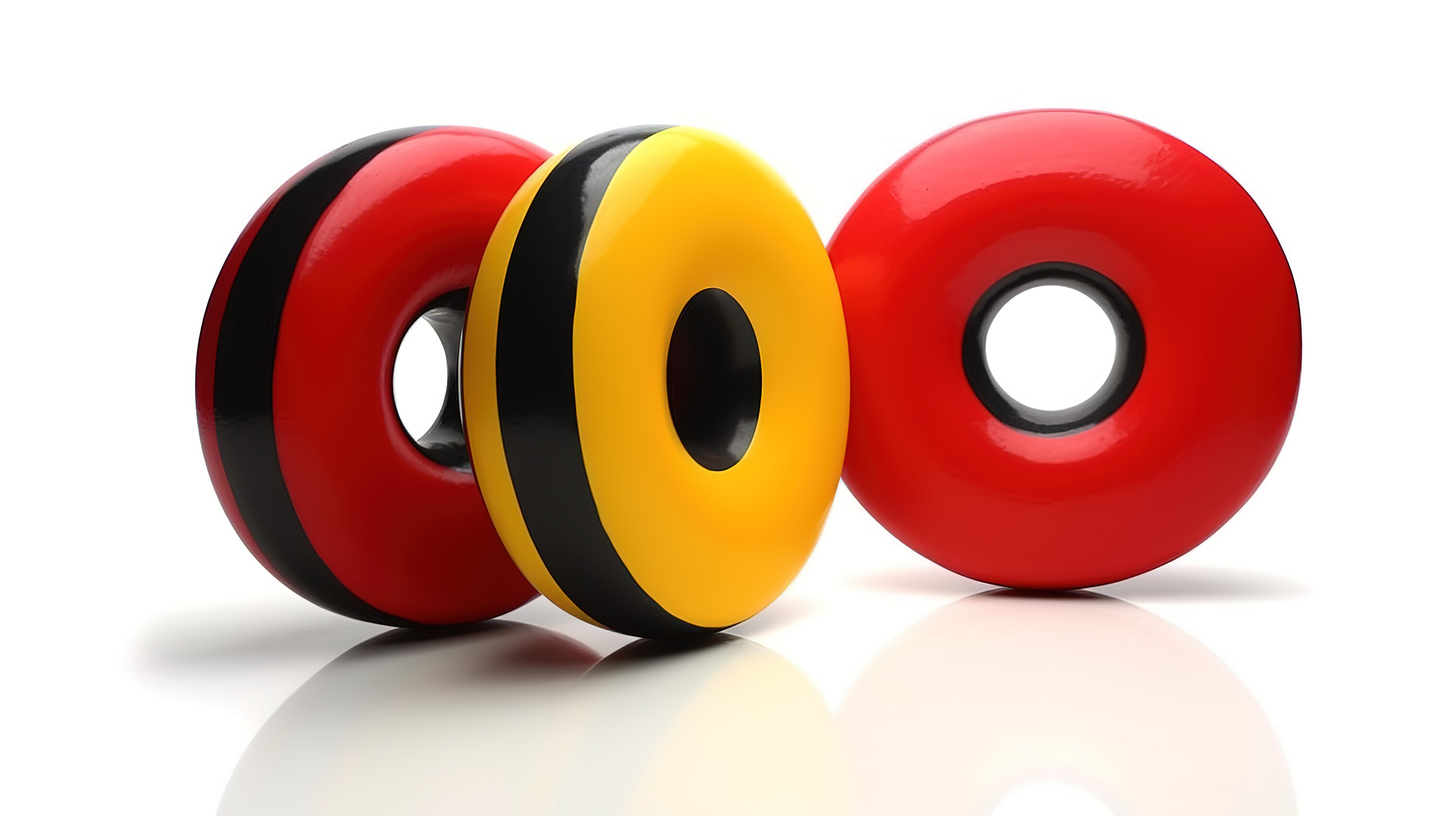 白色背景上 3D 渲染中的一系列彩色几何形状红色环面甜甜圈黄色球锥和黑色腿图片