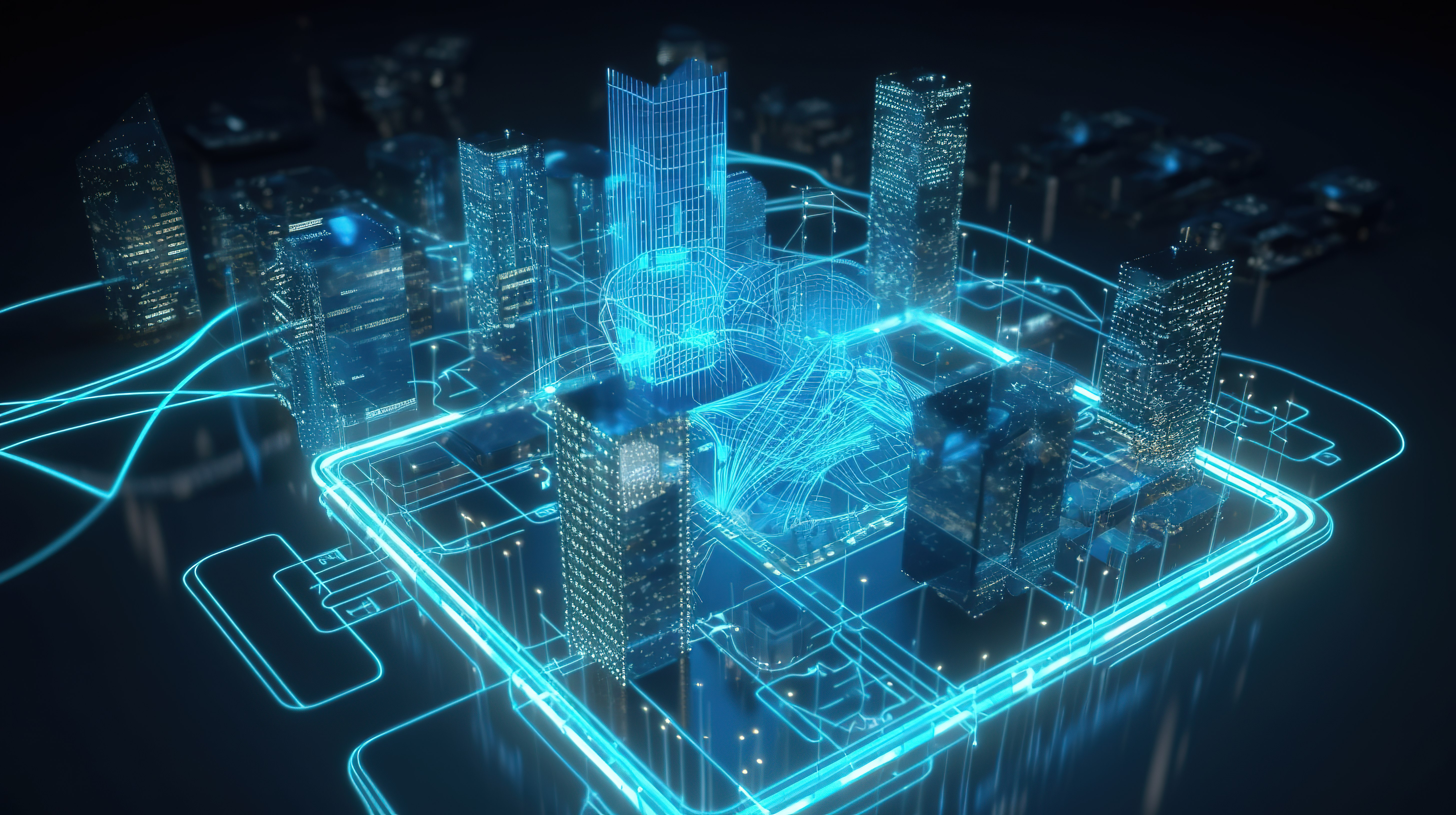 未来派蓝色线框城市建筑和采用 5G 技术的手机由发光粒子 3D 渲染照亮图片