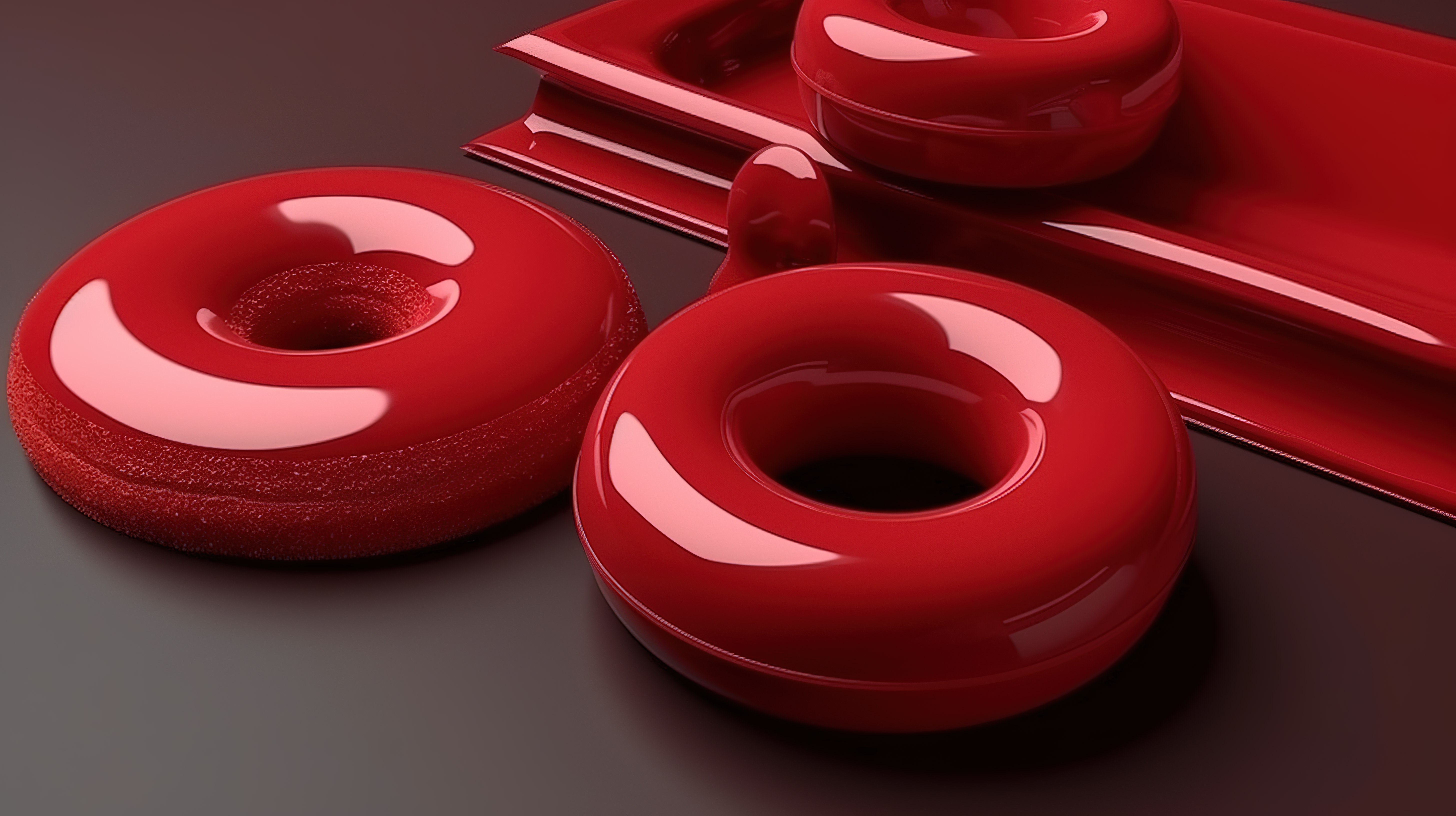 单色红色塑料 3D 图标美味甜甜圈和蛋糕片，采用纯色甜食图片
