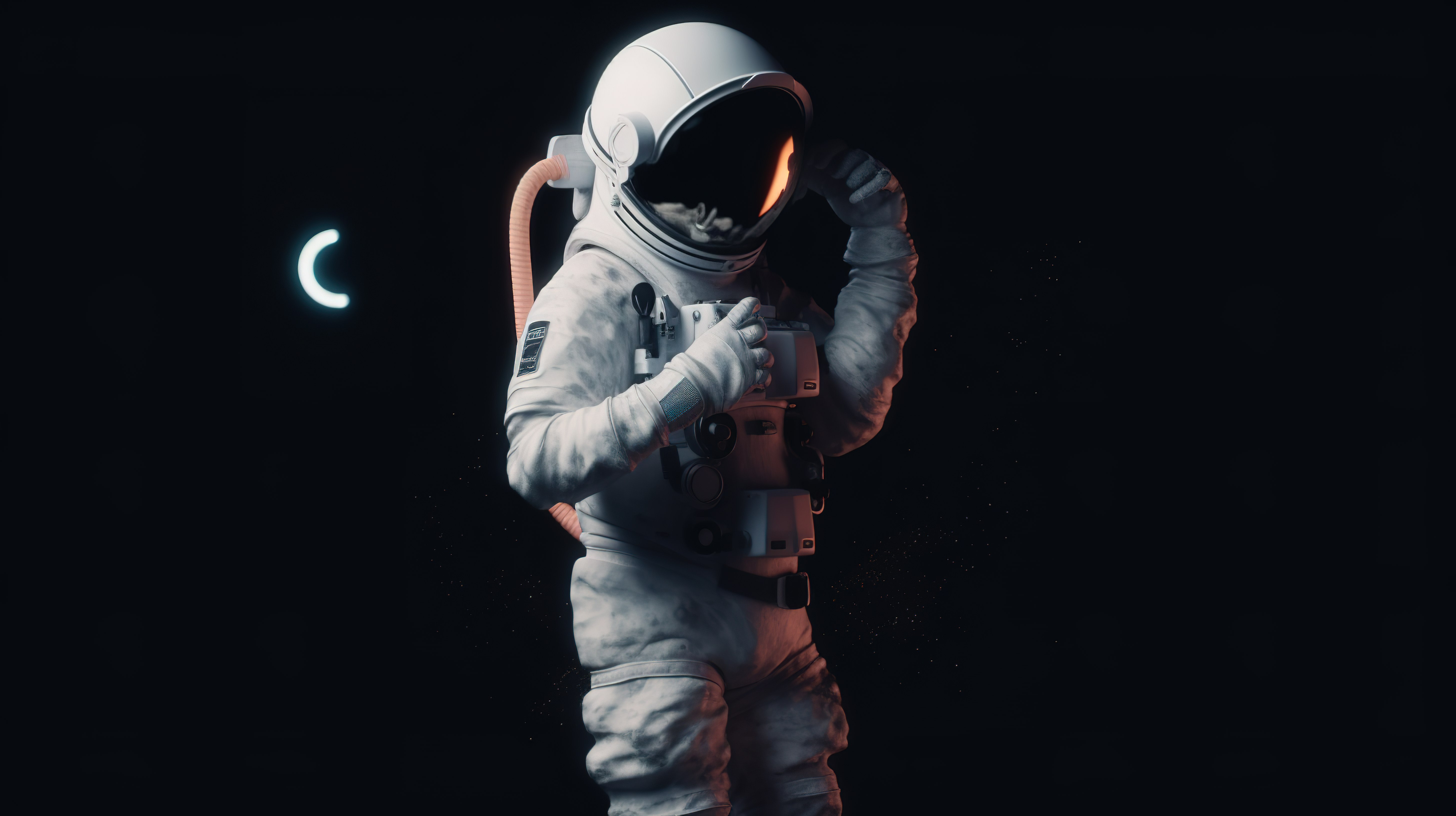 疲惫的白人宇航员在 3D 插图中带着问号表情图片