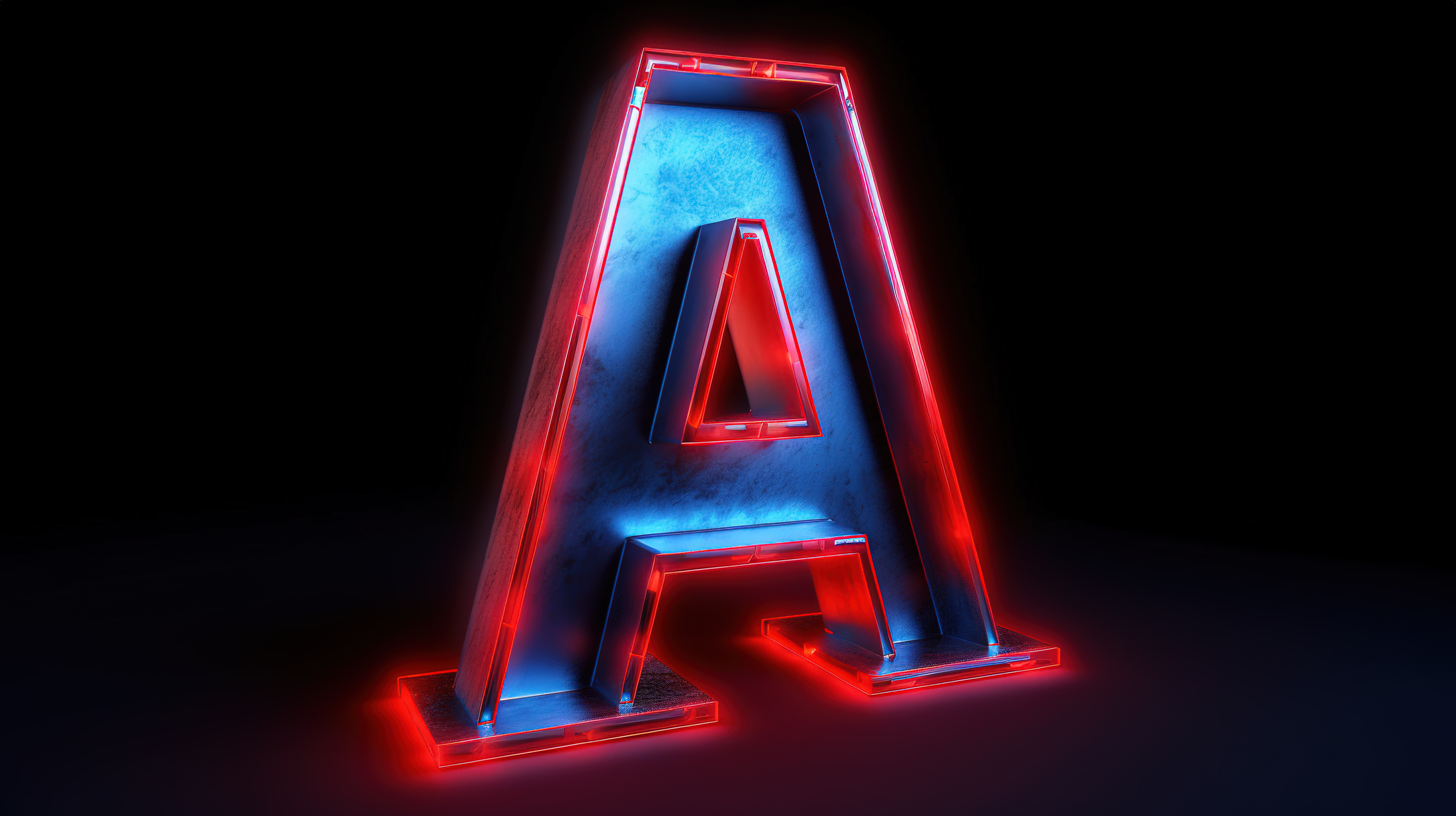 3D 渲染中带有蓝色字母背景的发光霓虹红色大写字母“a”图片