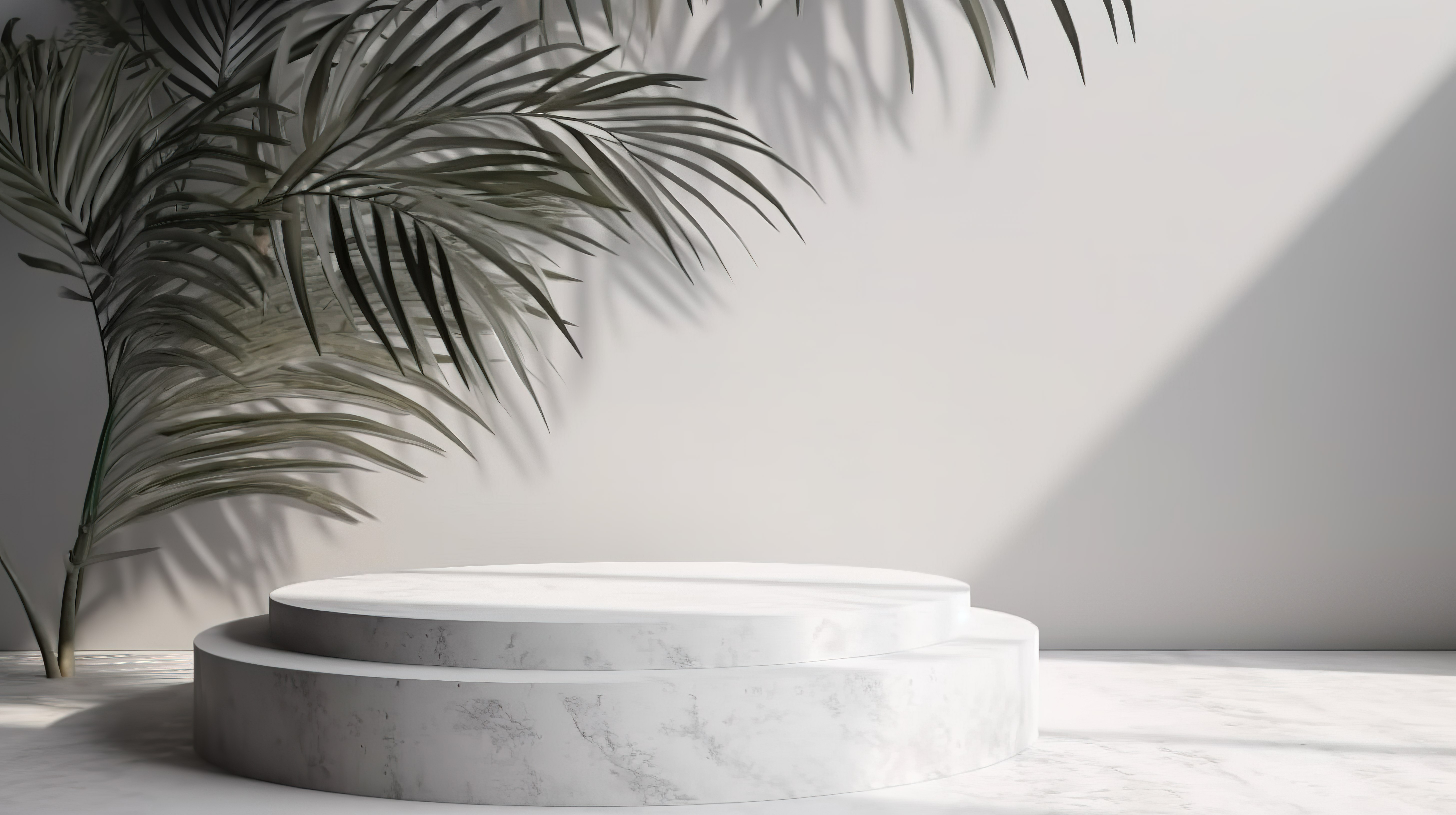 产品展示台 3D 渲染白色石材与混凝土墙和棕榈叶阴影图片