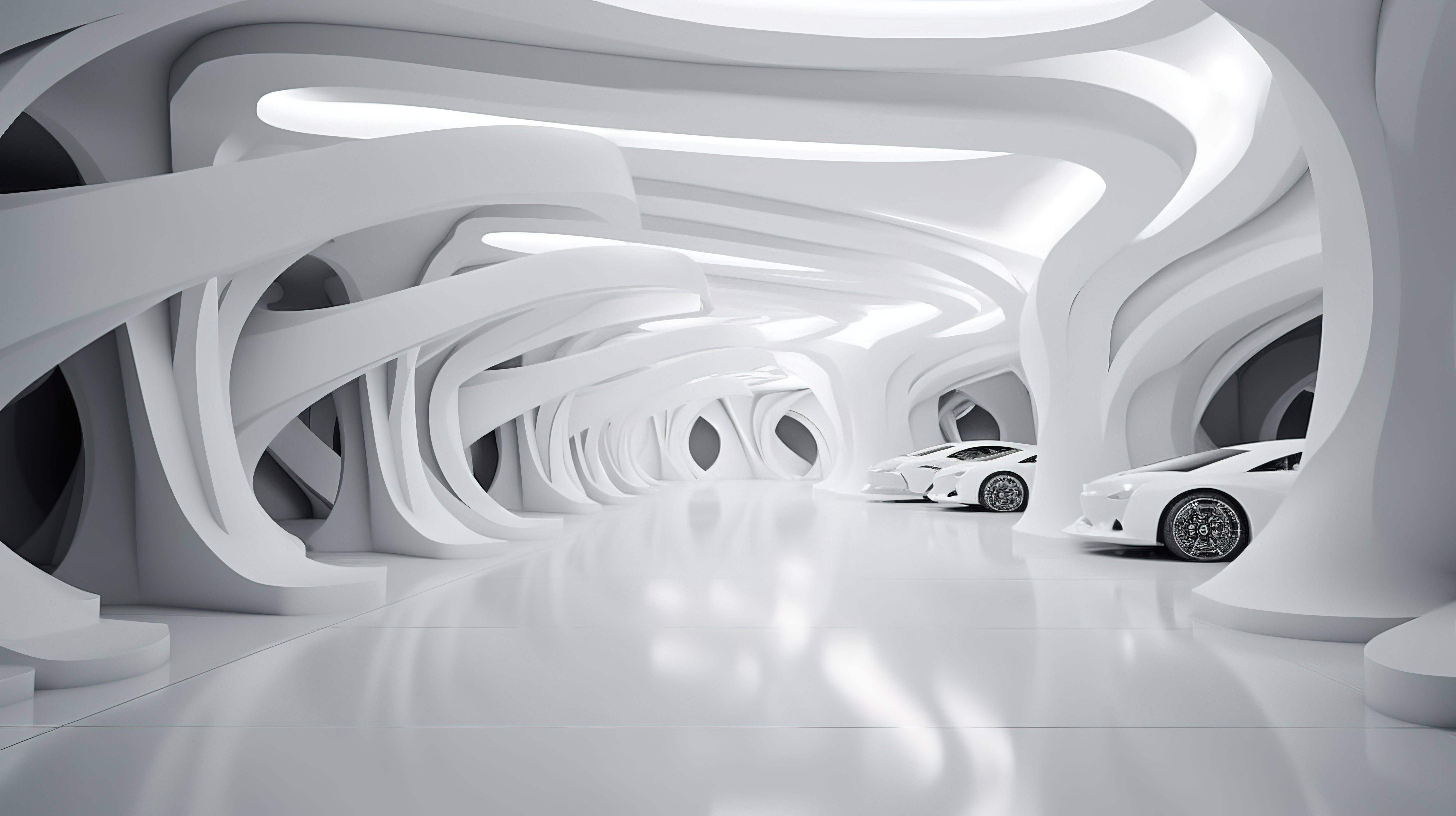 未来派建筑设计 3D 渲染，采用白色混凝土地板，用于高科技汽车展厅图片