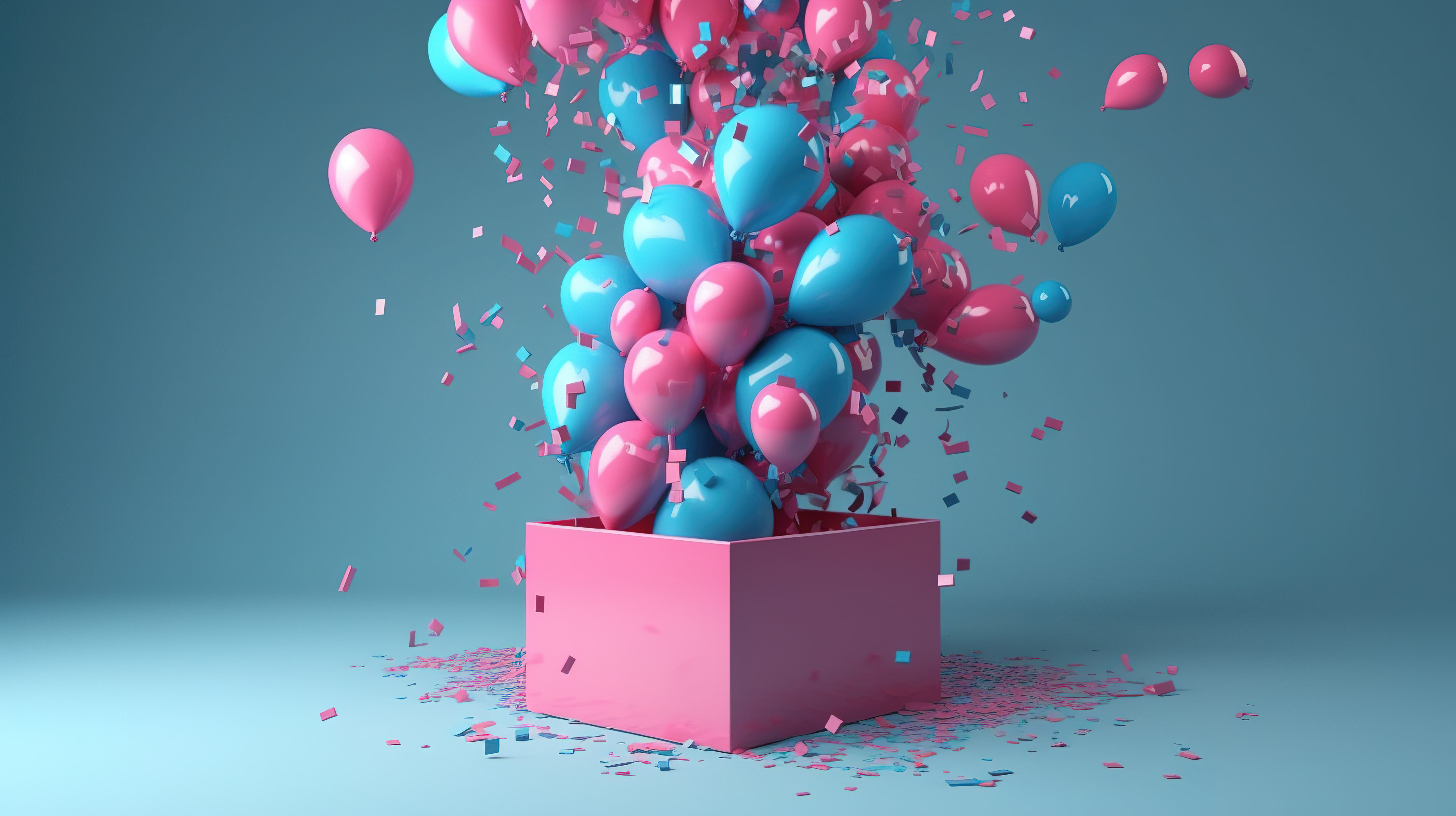 粉色和蓝色气球从 3D 渲染的开放礼品盒中飞出，背景为五彩纸屑图片