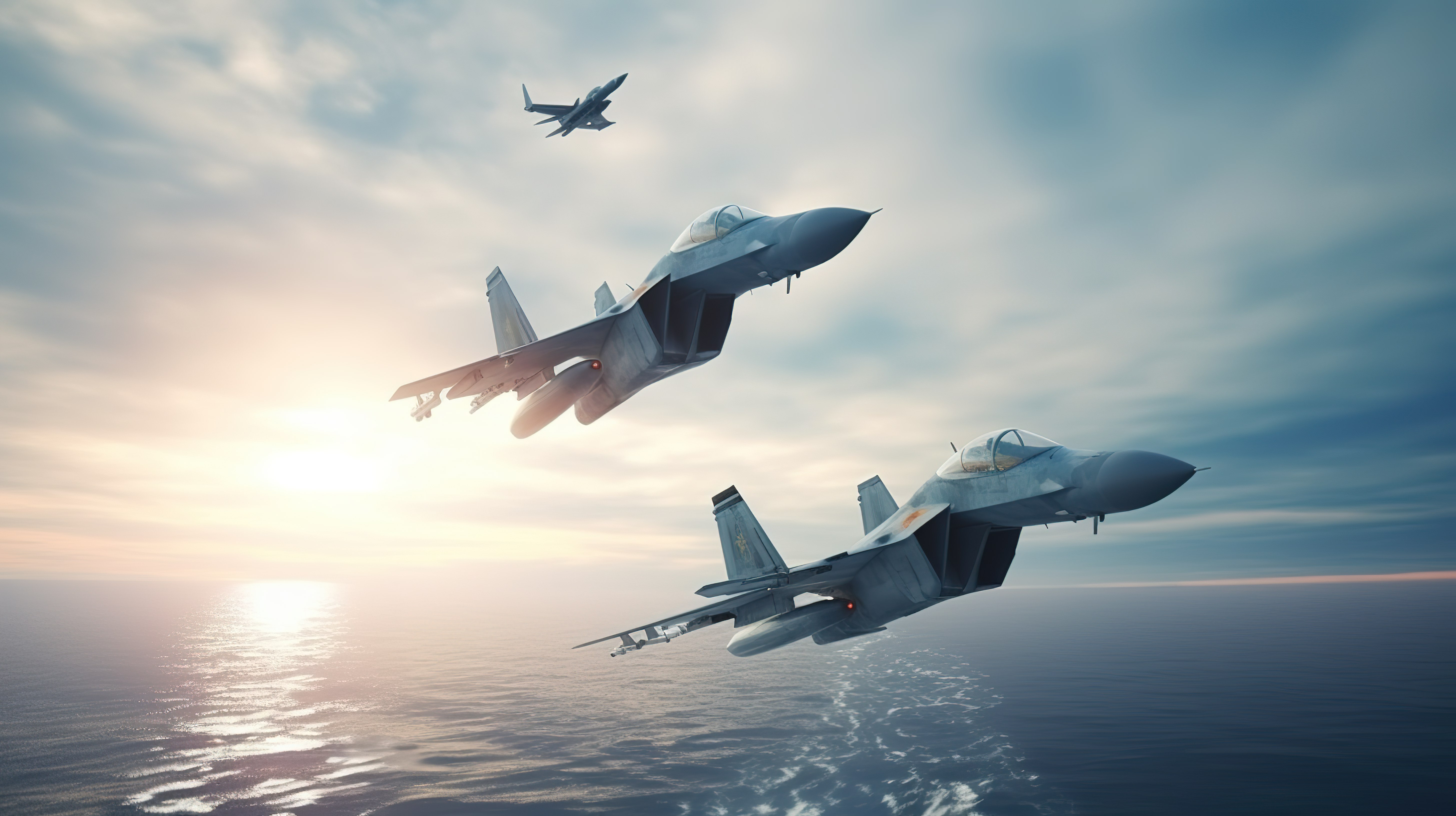 3d 渲染两架战斗机在海洋上与战机进行战斗图片