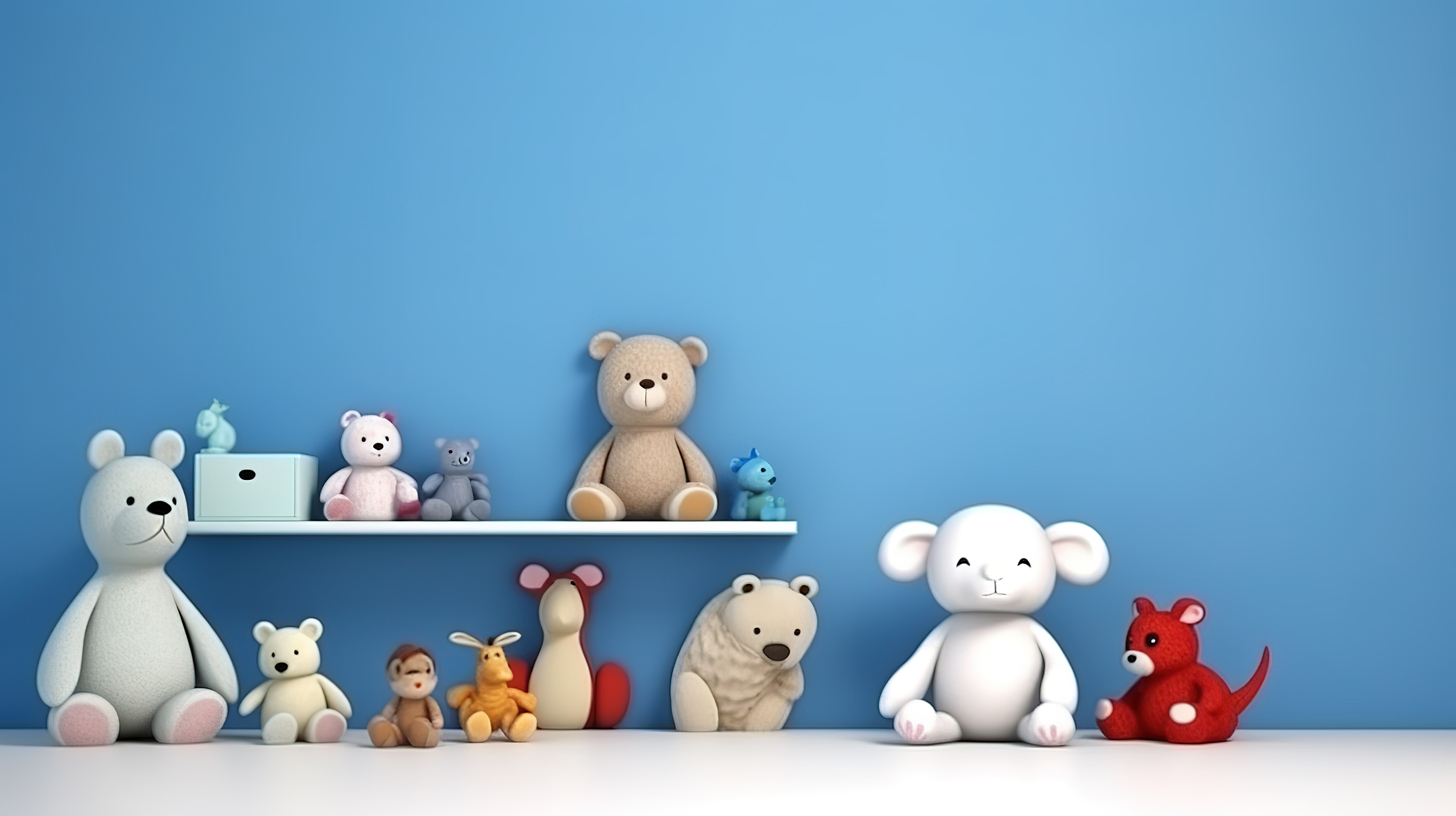 蓝色墙壁的儿童房，里面有毛绒玩具动物 3D 渲染插图图片