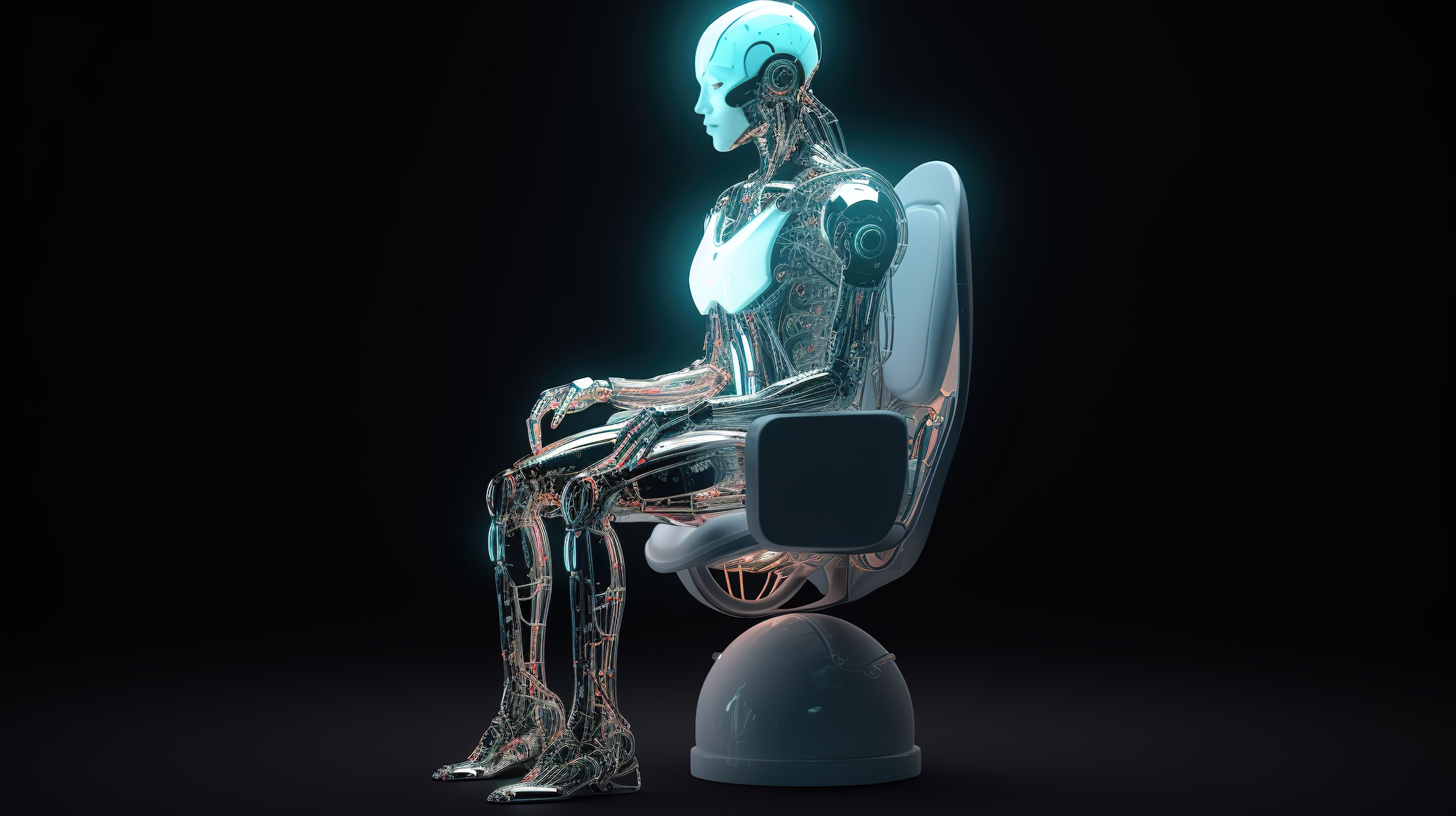 坐在椅子上的女性机器人 3D 渲染图像图片