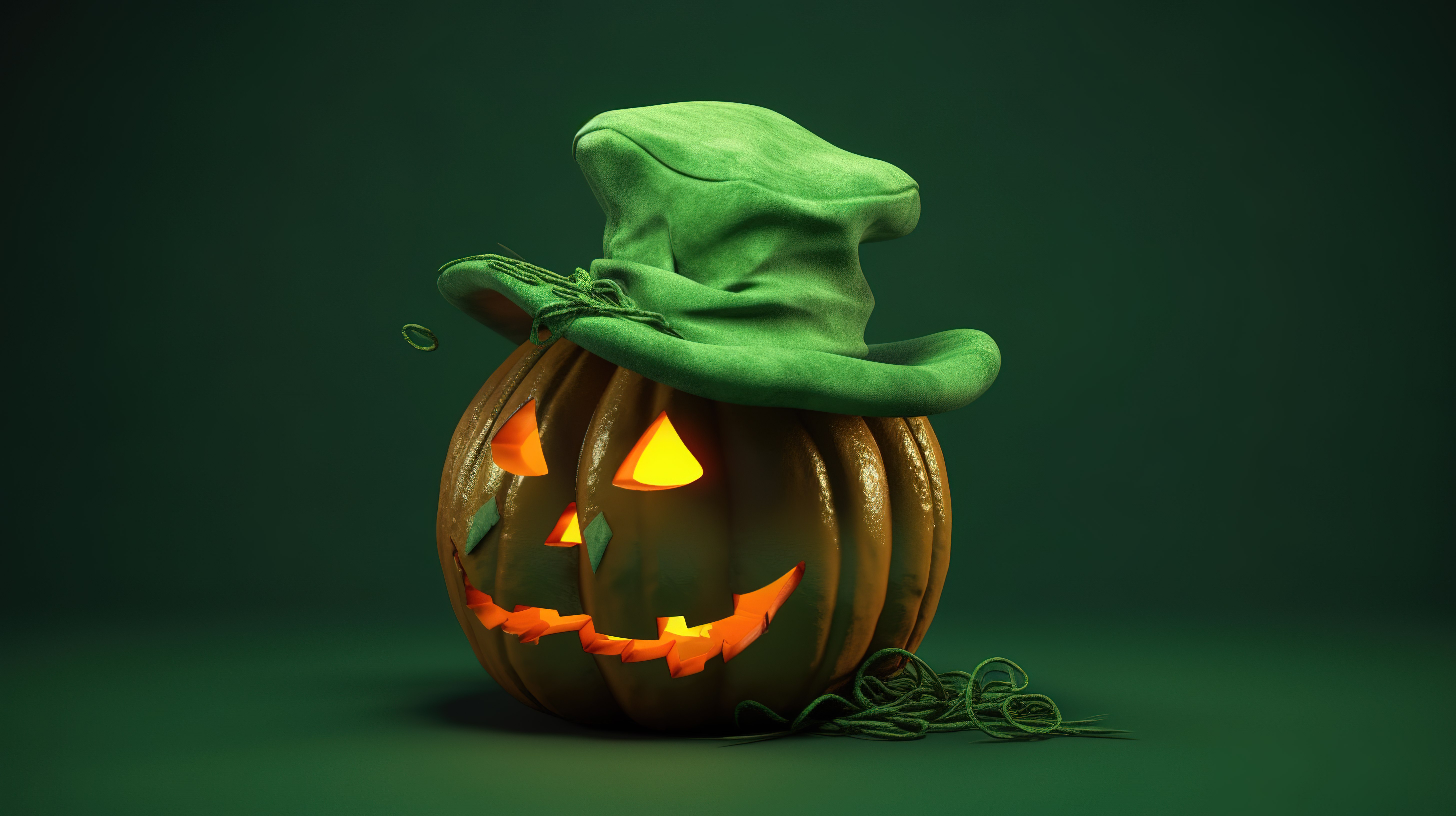节日 10 月 31 日戴着帽子的南瓜头在绿色背景的 3D 渲染中庆祝万圣节图片