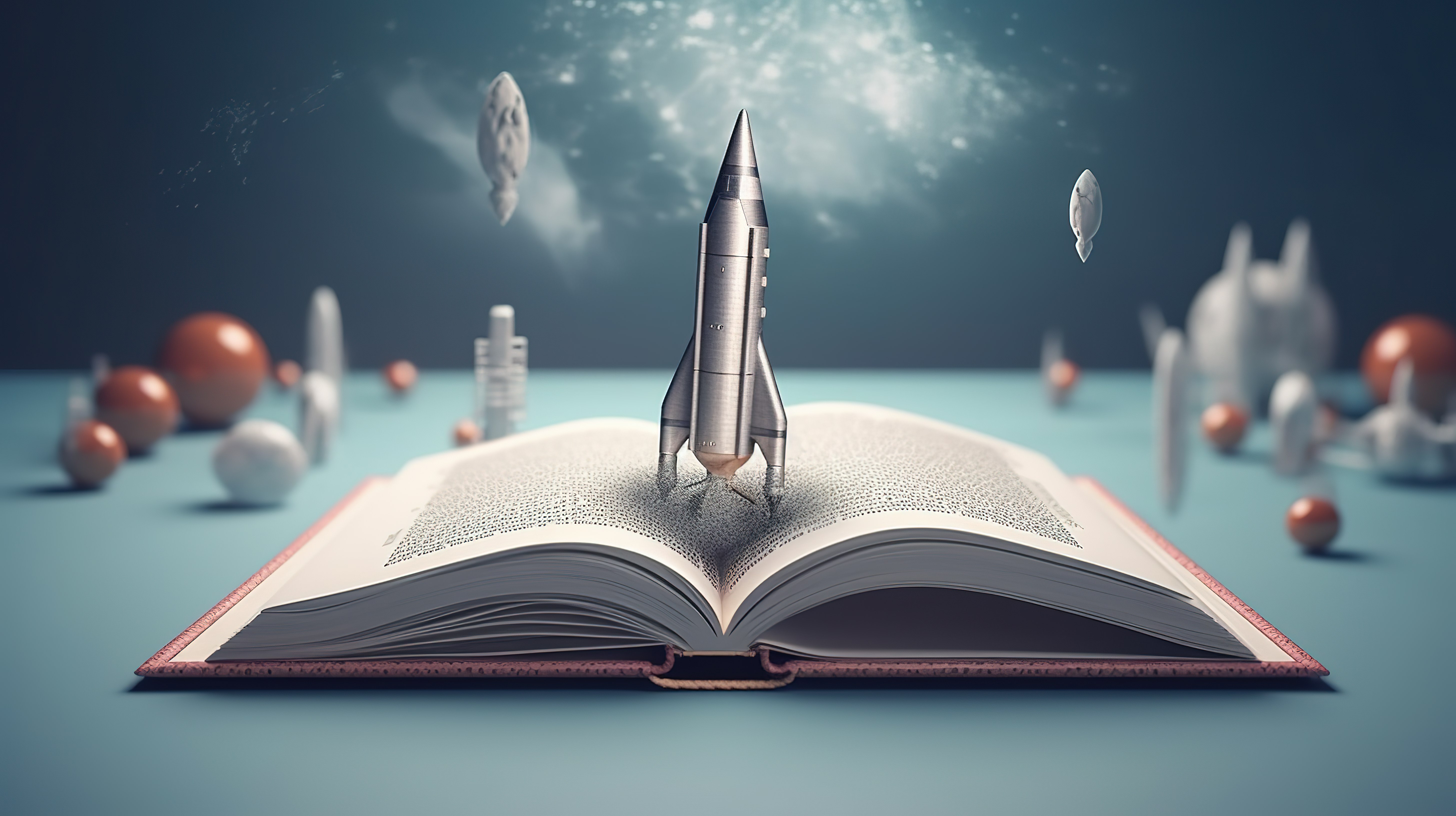 教育和回到学校概念 3D 火箭发射，书籍背景上带有宇宙飞船图标图片