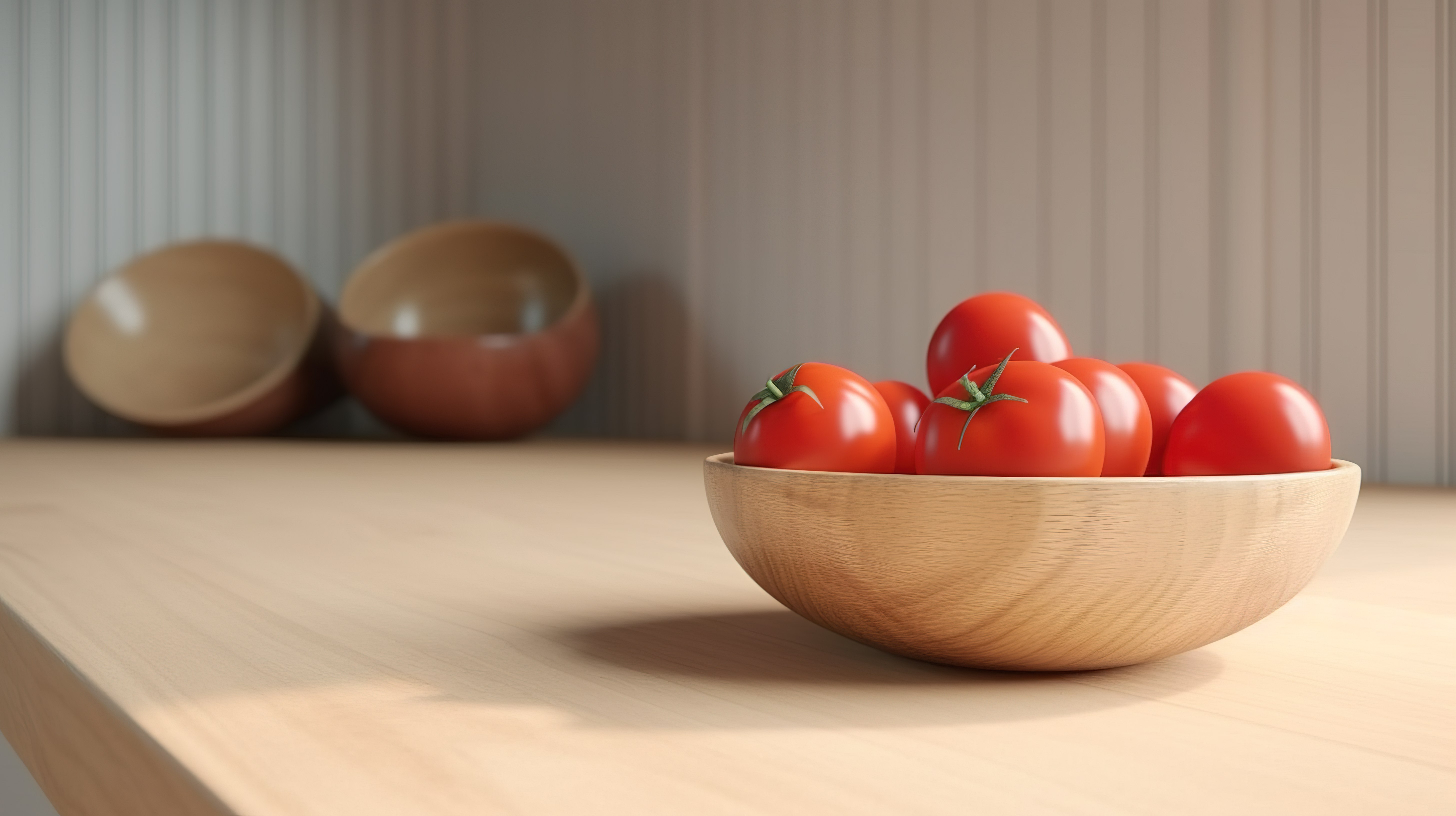 厨房场景 3D 渲染木质台面，配有西红柿和碗图片