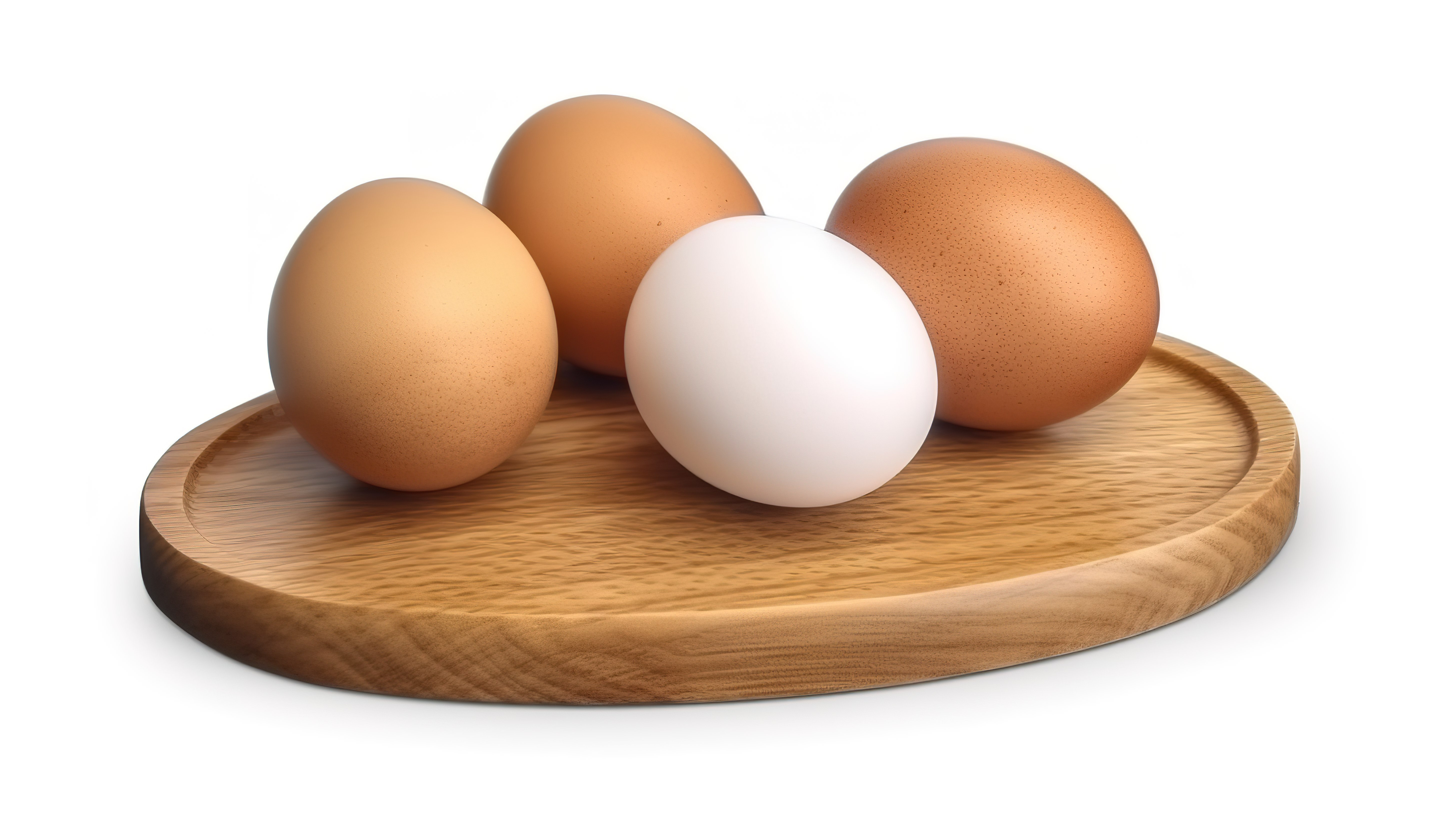 圆形木板，三个 3D 渲染的鸡蛋隔离在白色图片