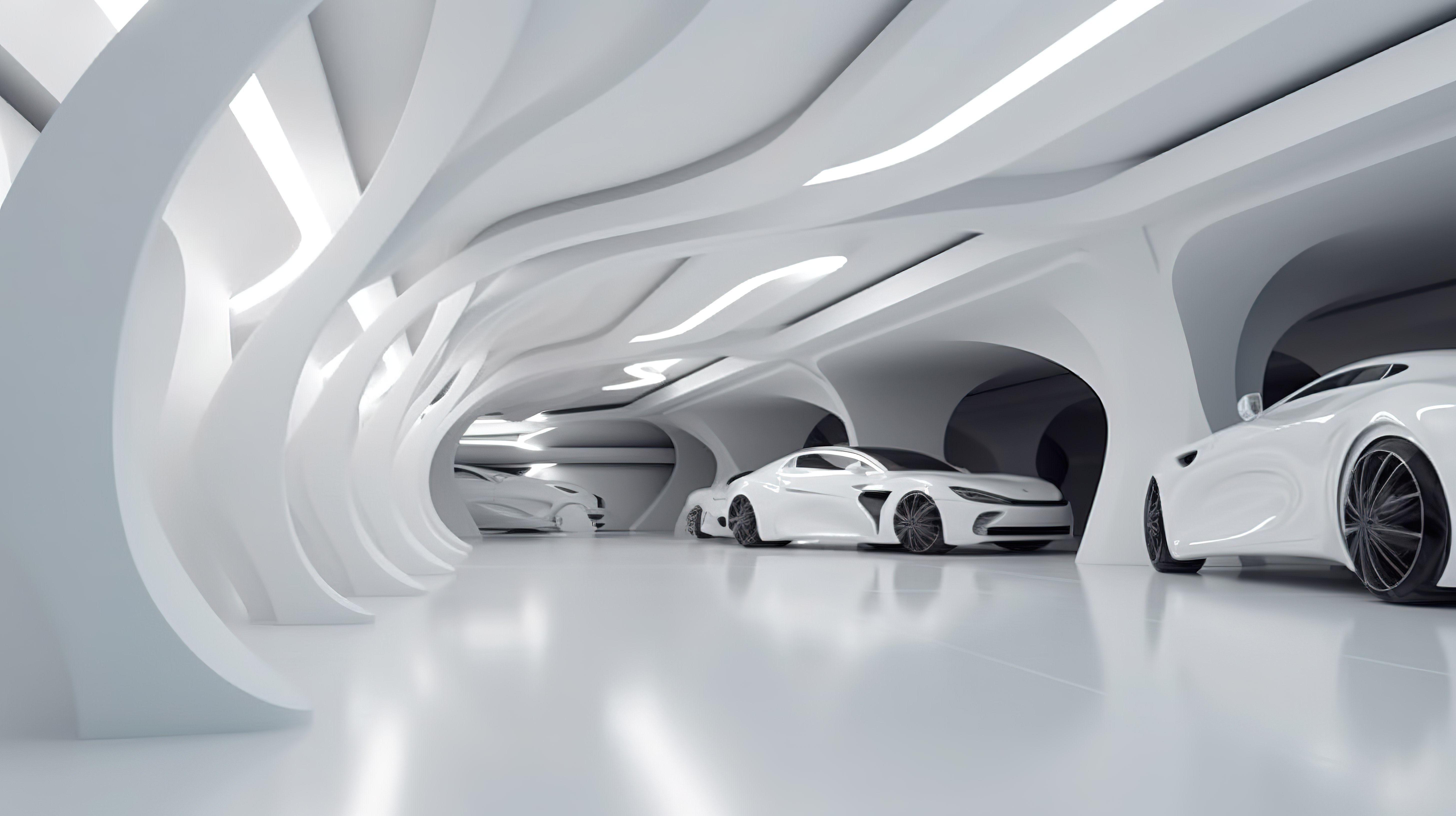 抽象建筑的未来派 3D 渲染，白色混凝土地板非常适合展示汽车图片