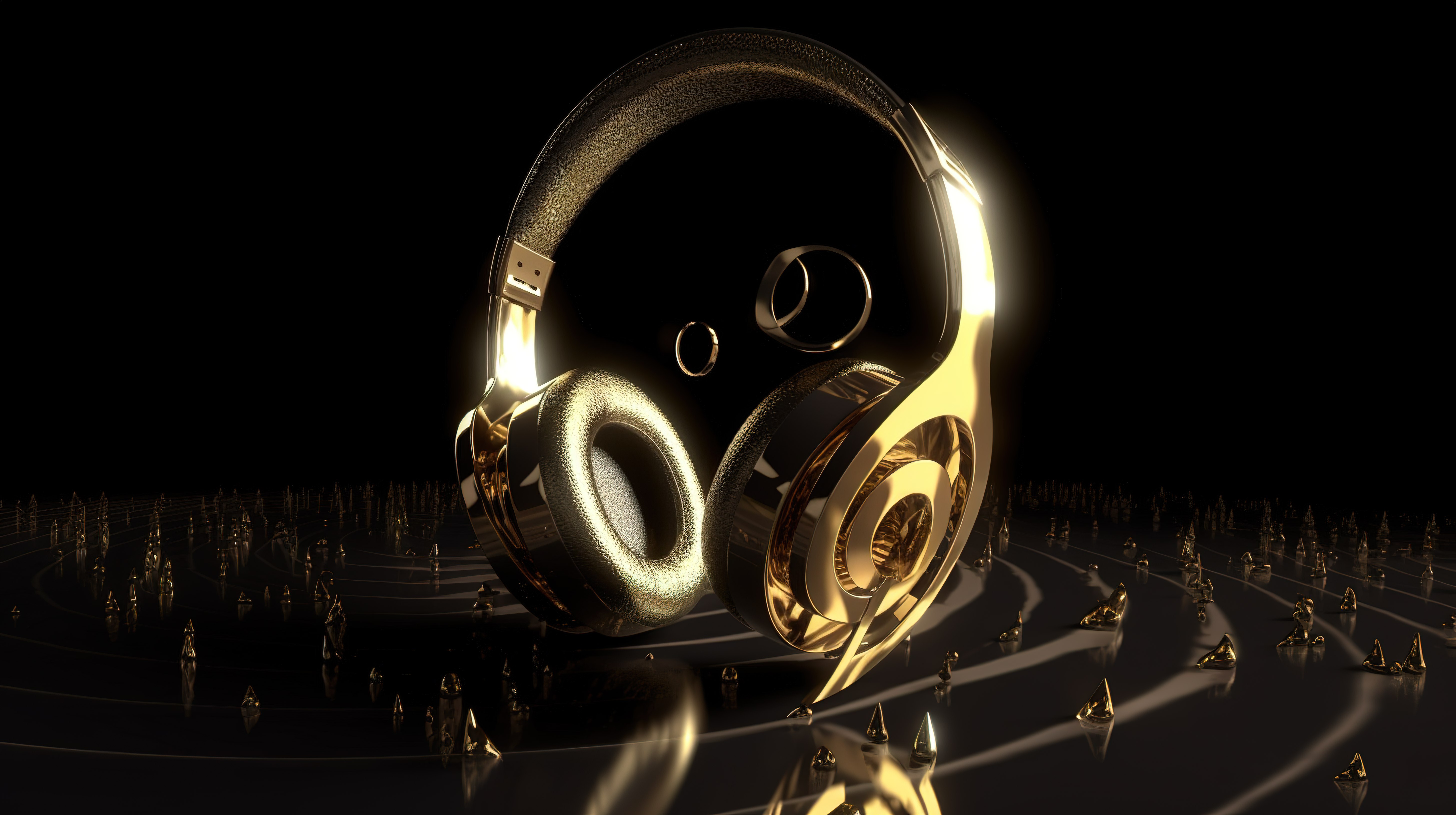 金色 3D 音符耳机呈现音乐概念的视觉表示图片