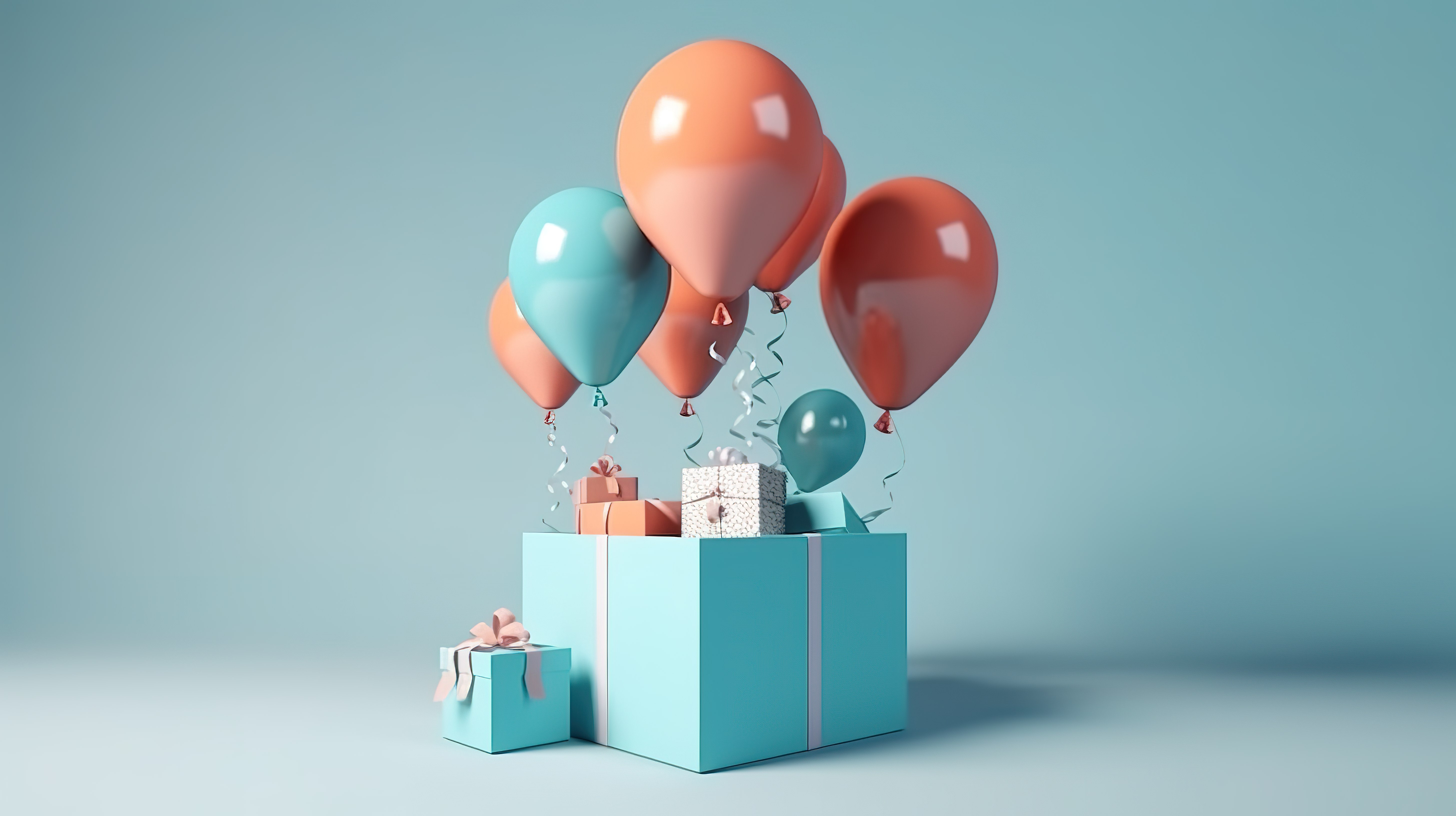3D 渲染卡通风格的礼品盒和气球插图，用于白色背景的商业设计图片
