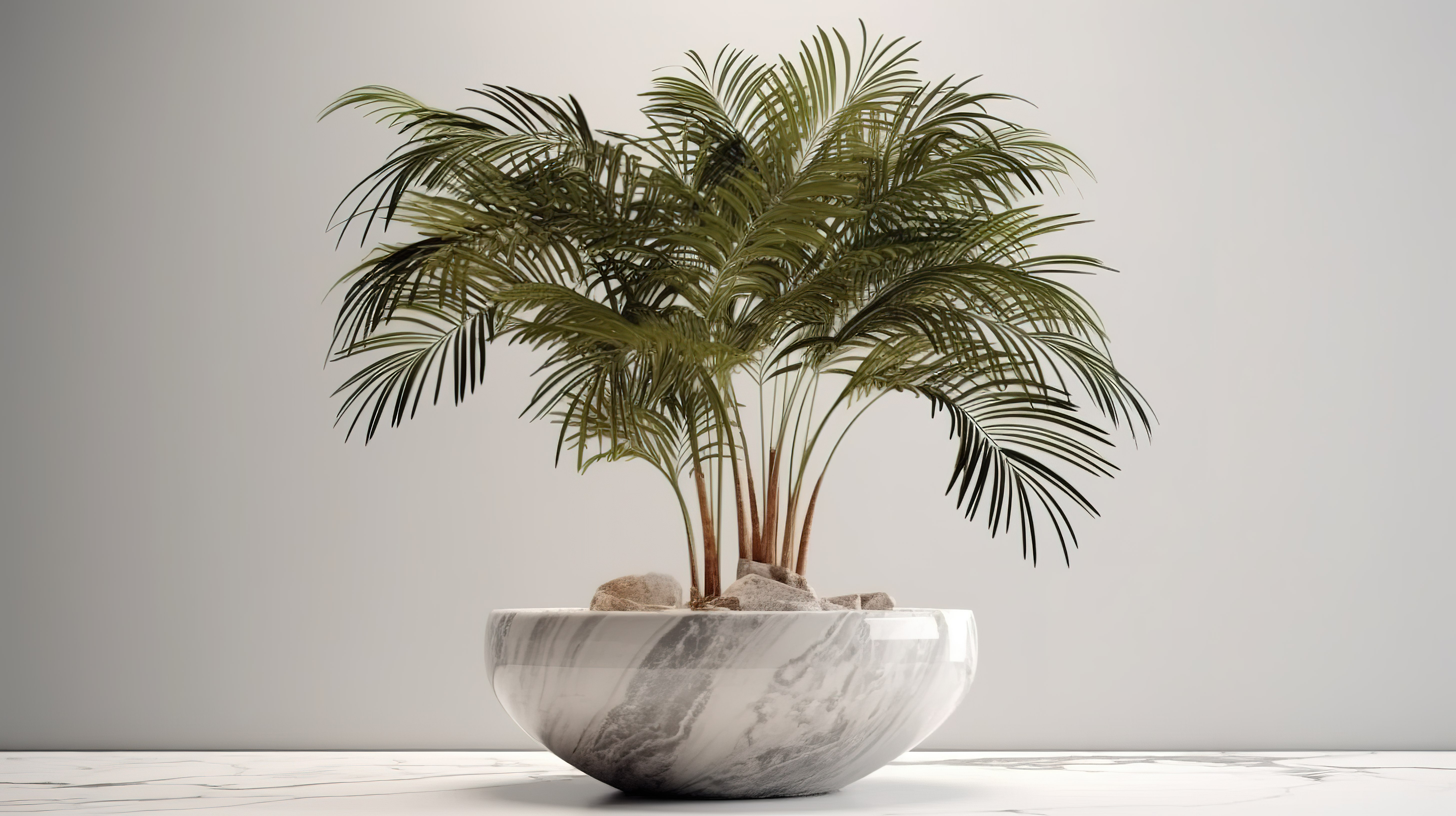 大理石花盆展示了带有层叠叶子的 3D 棕榈树图片