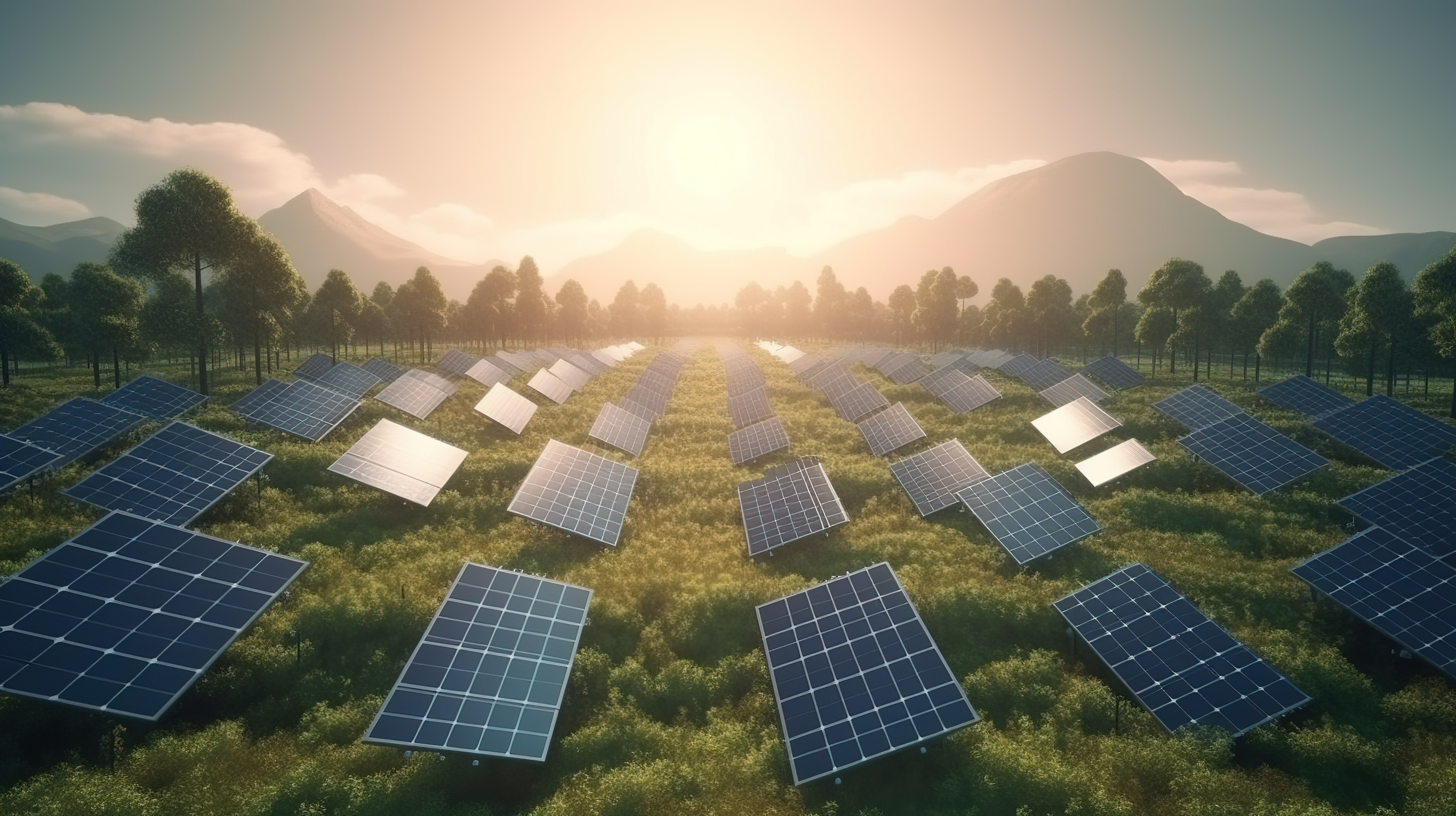 可持续能源在行动 工业绿地和太阳能电池板的 3D 渲染图片
