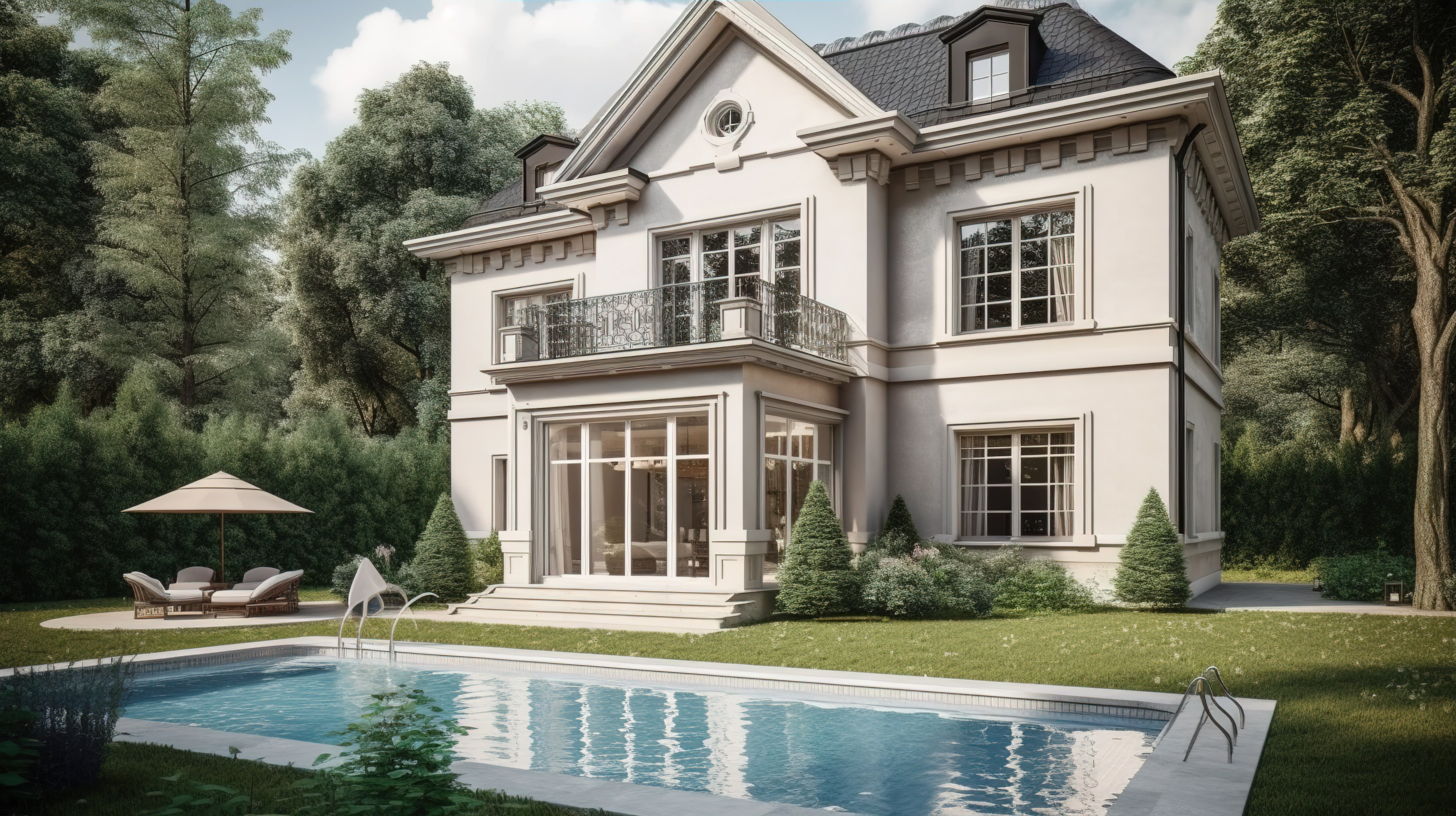 带泳池花园和车库的古典住宅，令人惊叹的 3D 渲染图片