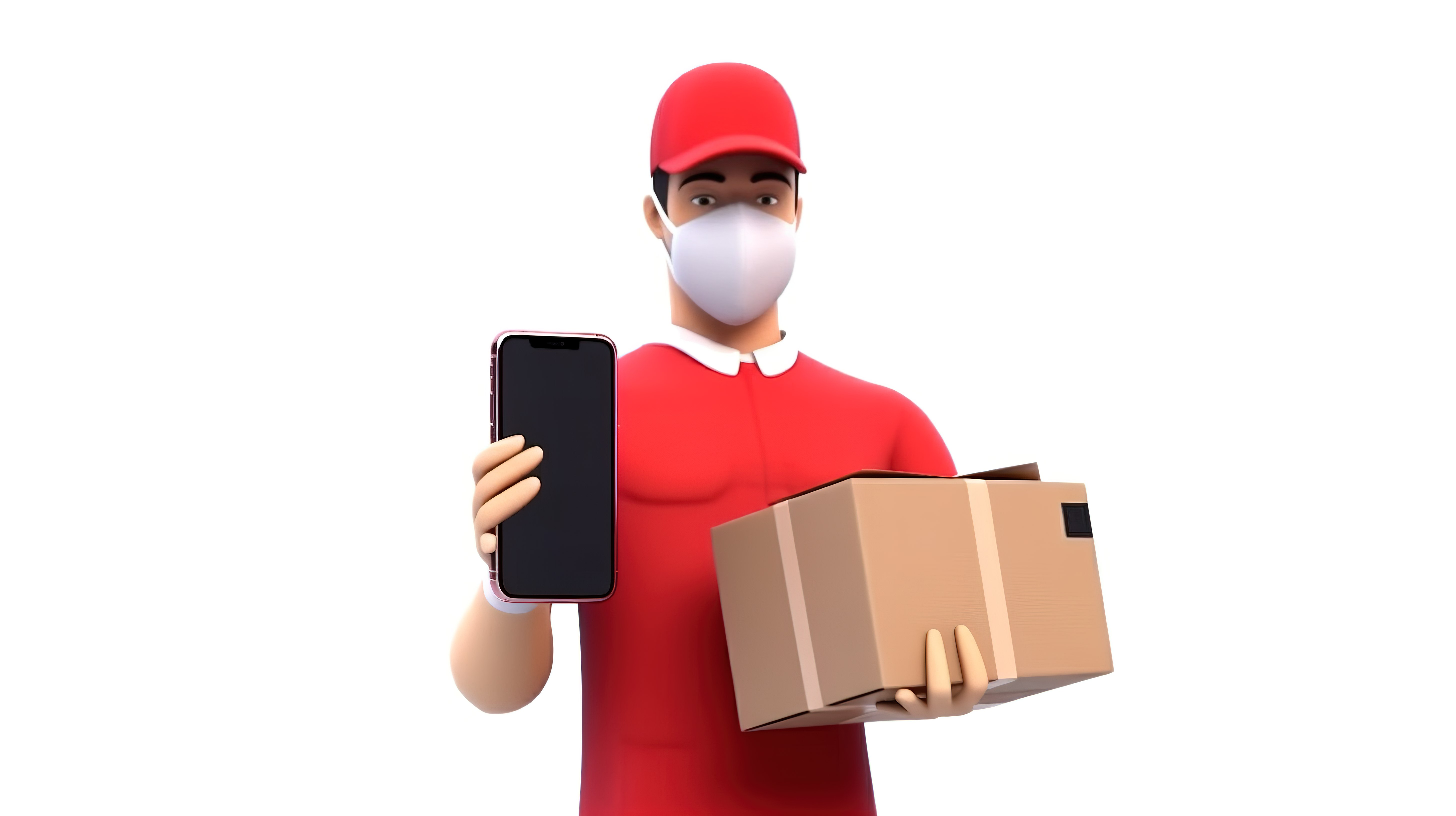 一位穿着节日服装的快递员，配有盒子和智能手机，用于物流概念的独立 3D 插图图片