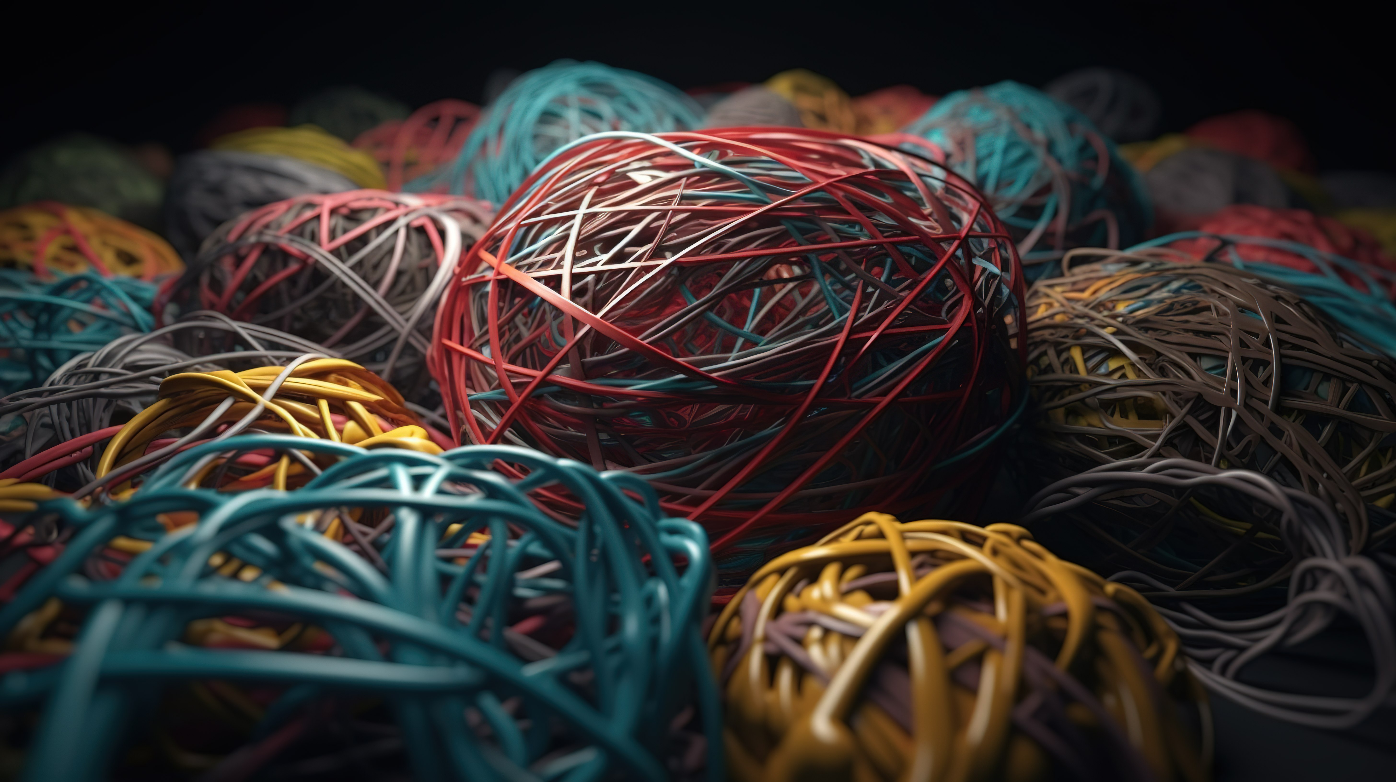 混乱的交织在一起的电线象征着复杂性和心理处理 3D 渲染图片