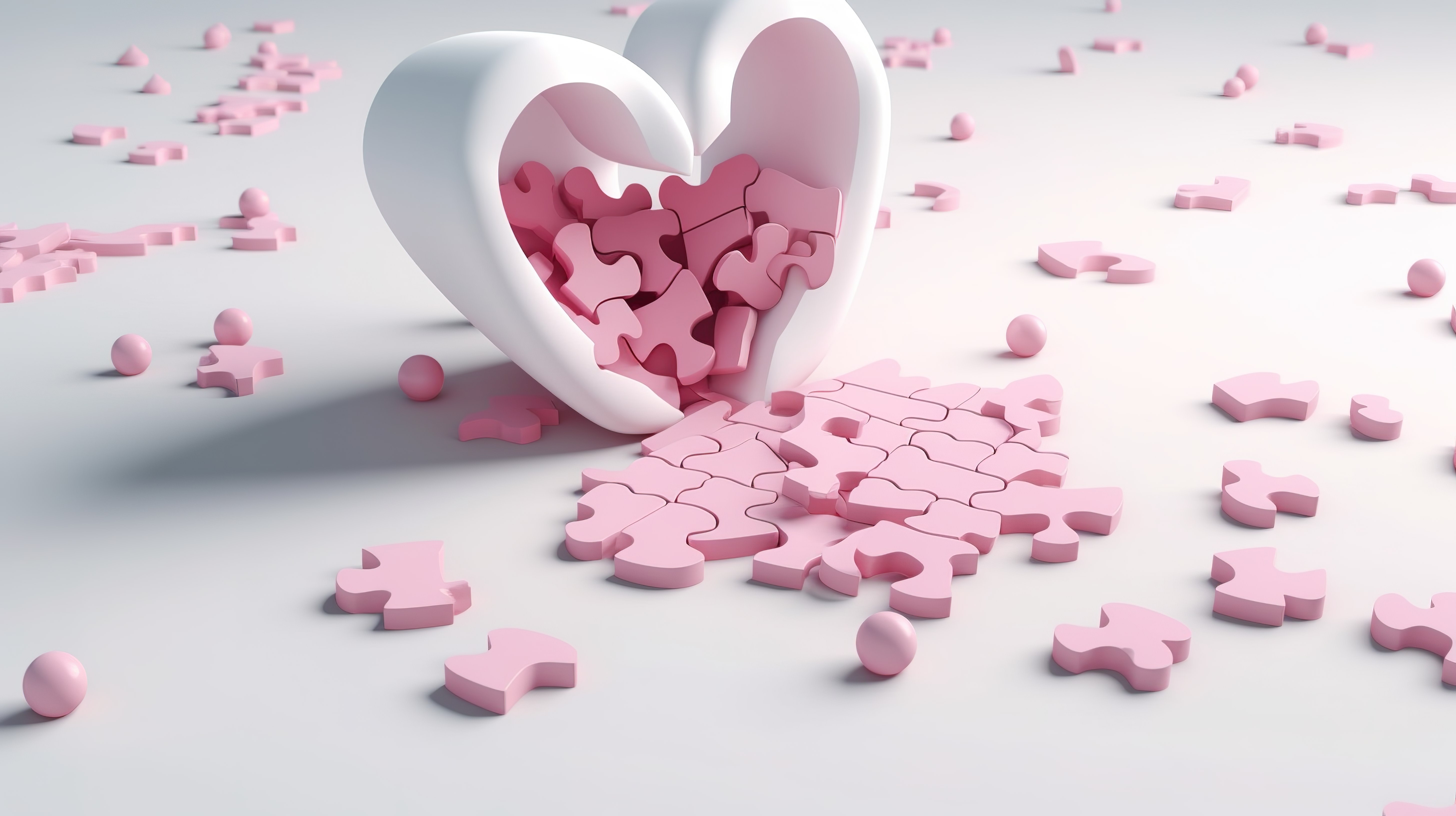 现实设计的心形拼图和白色背景上的粉红色药丸是 3D 渲染中的治疗概念图片