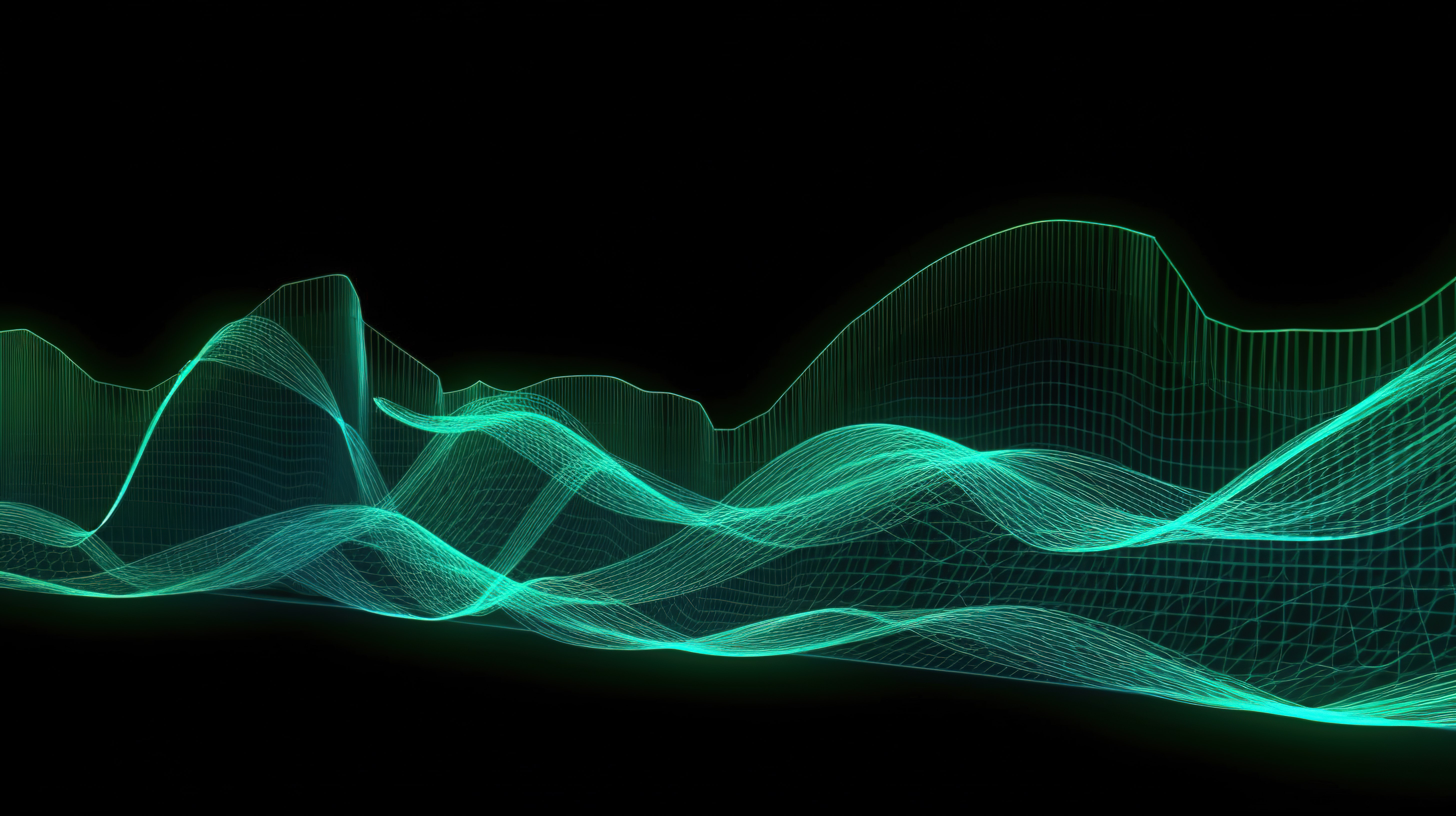 充满活力的绿色条形几何条纹类似于波浪和蓝色照明相交线设计的三维描绘图片