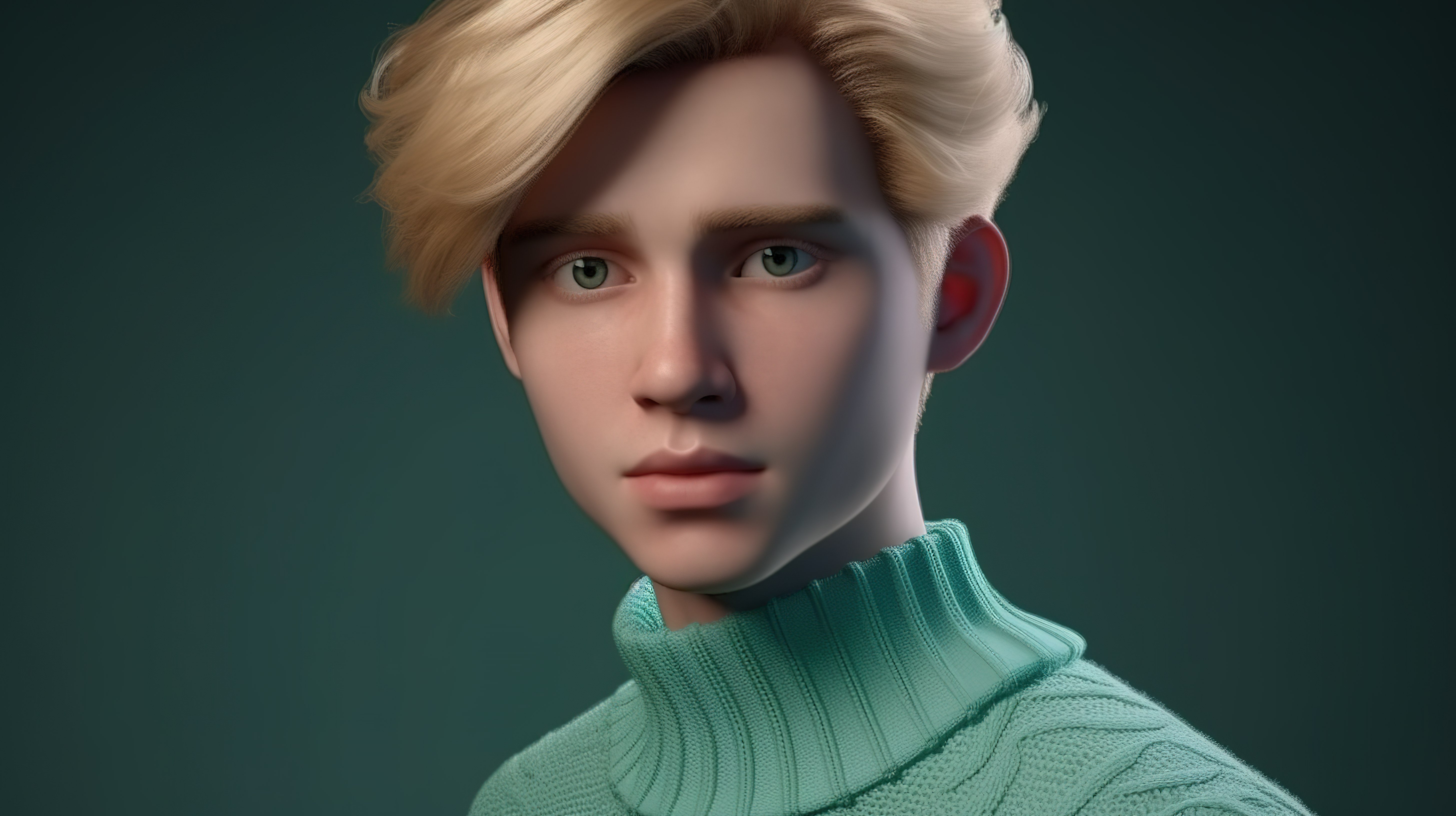 渲染的具有薄荷毛衣蓝眼睛和金发的男性的 3D 轮廓图片