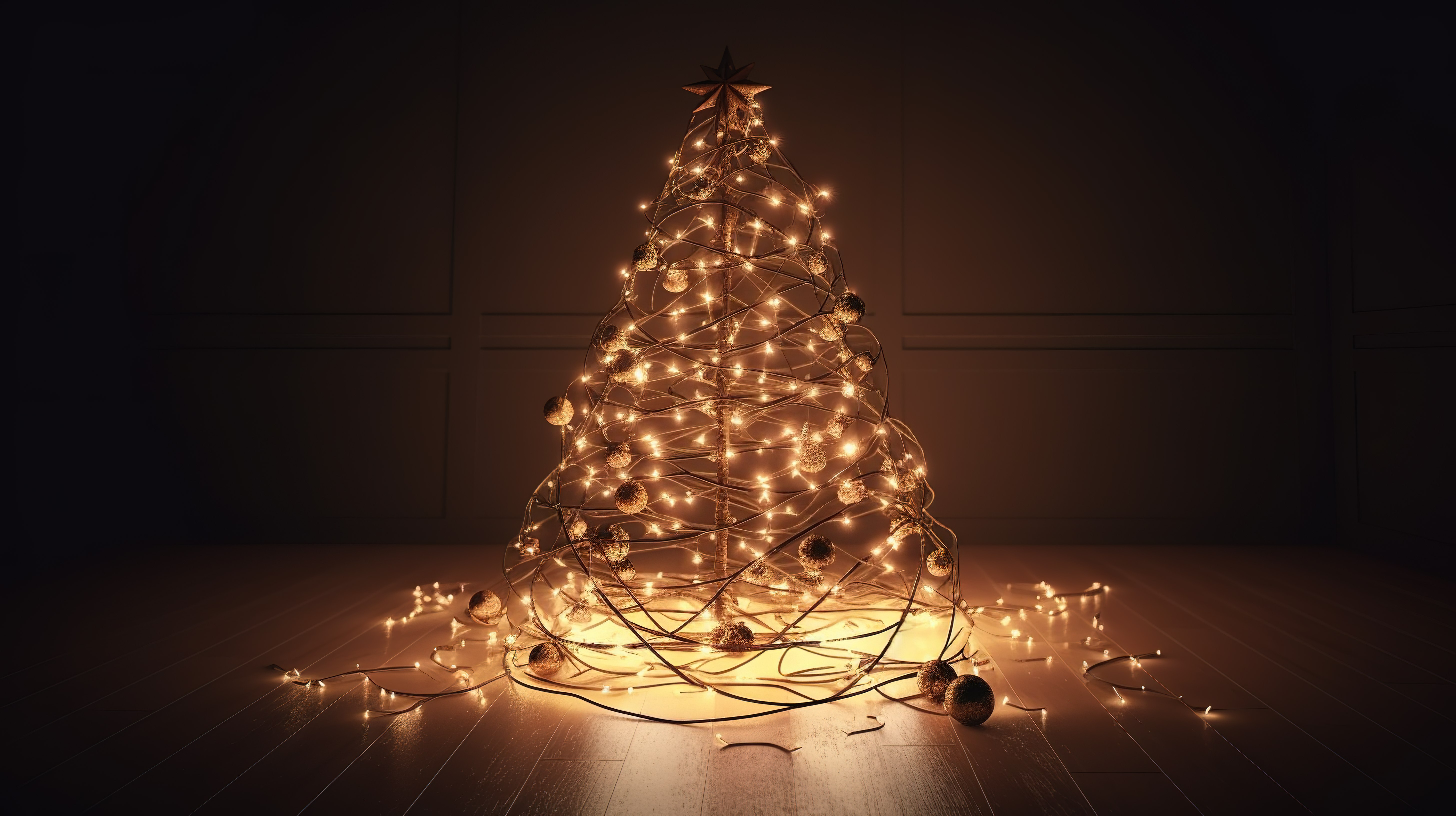 3D 渲染中装饰着装饰品和闪烁绳灯的节日圣诞树图片
