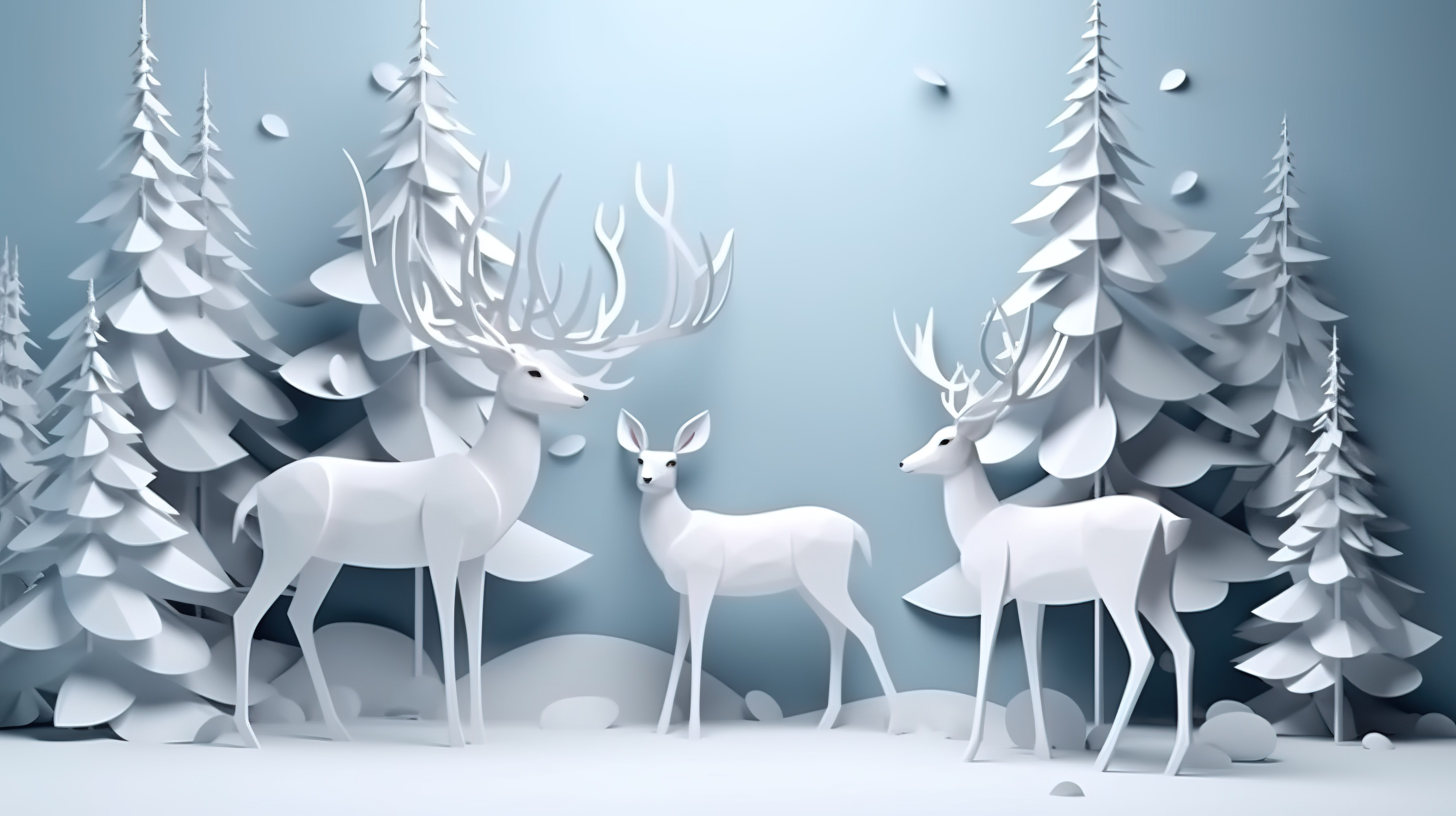冬季仙境，一只 3D 渲染的鹿，在白雪皑皑的森林中采用纸艺和工艺风格图片