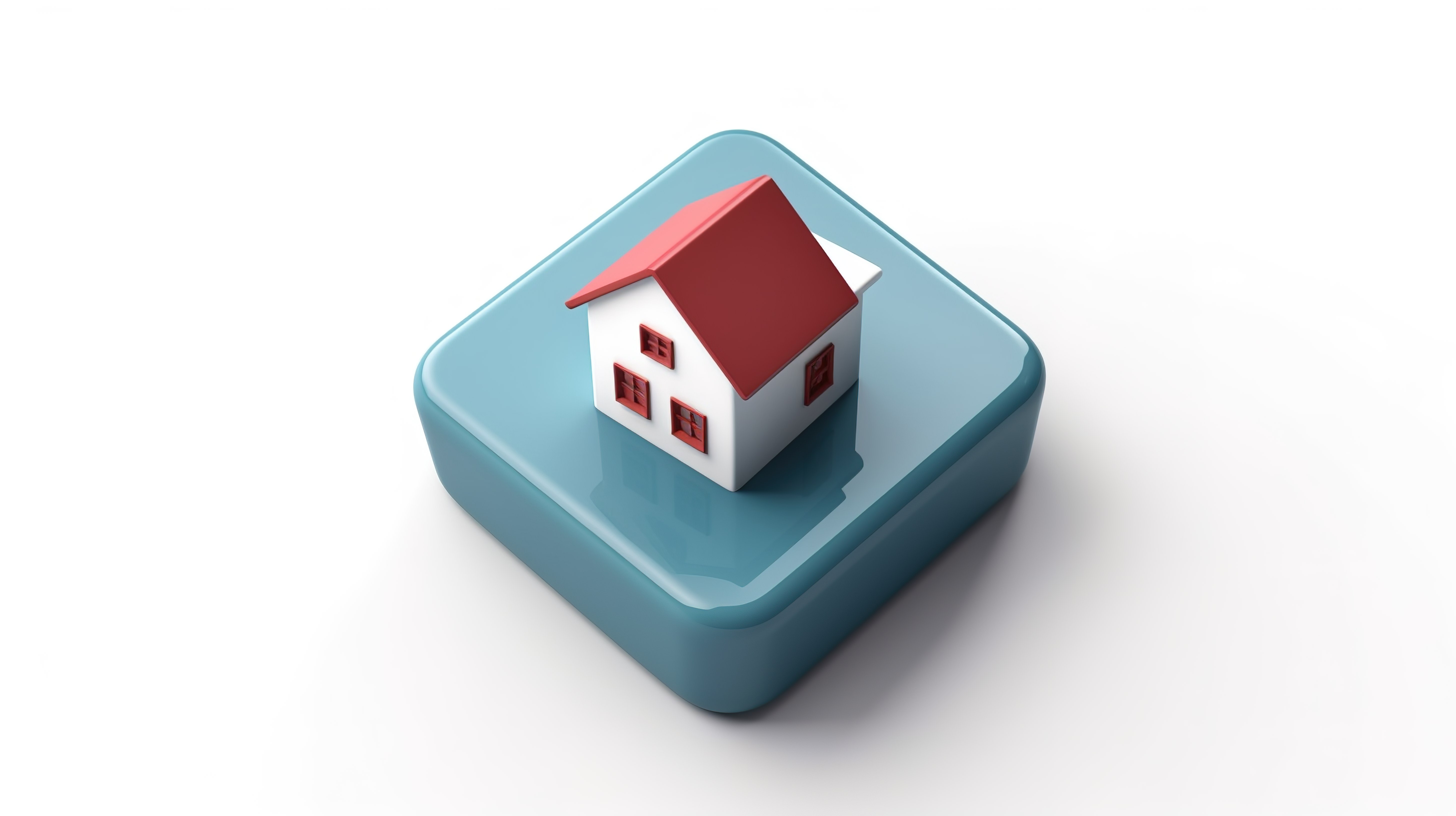 3D 渲染中的孤立白色背景方形白色按钮图标，旁边是带红色屋顶的蓝色房子图片