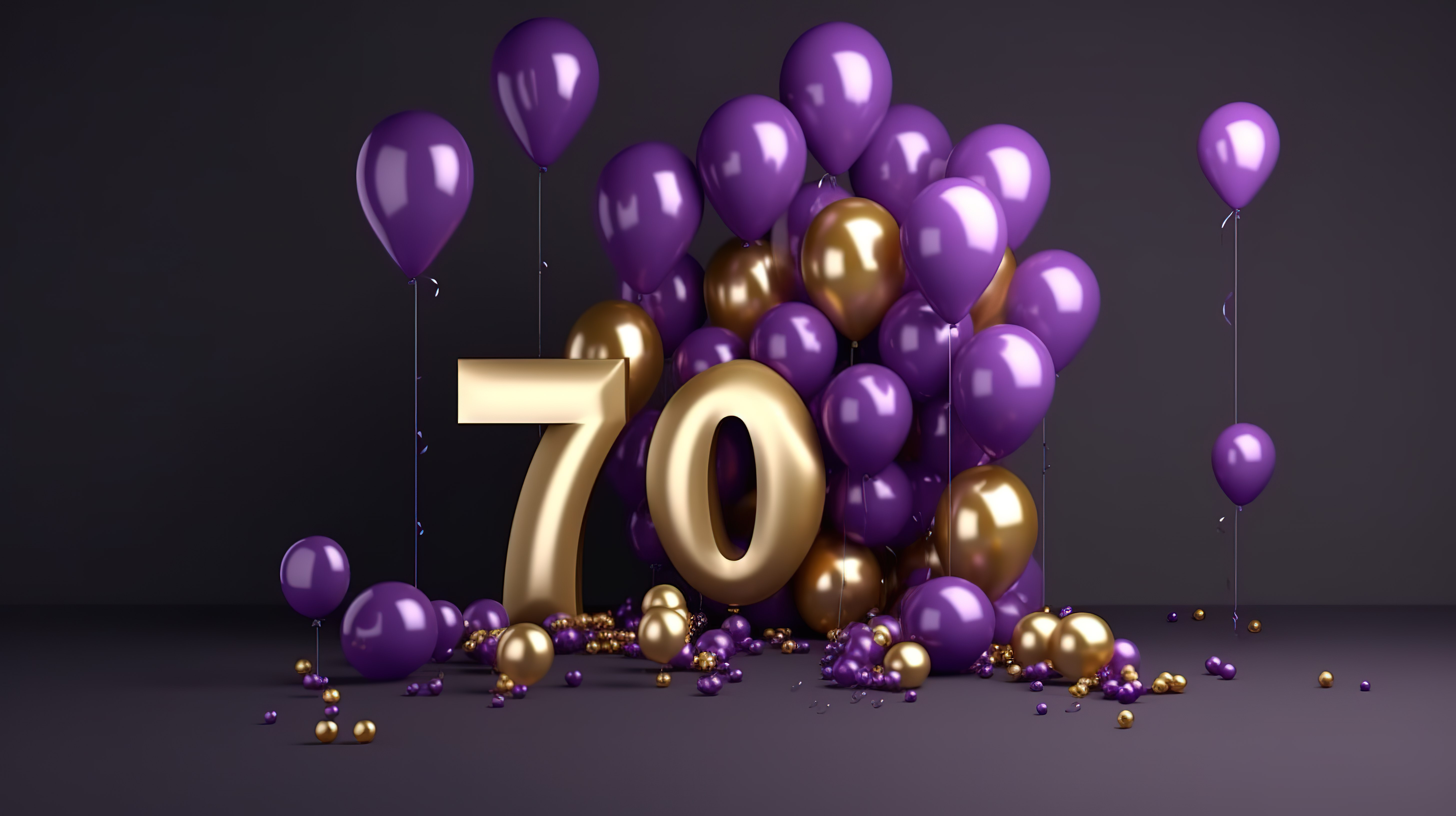 3D 渲染的紫色和金色气球社交媒体横幅，感恩地庆祝 7 万粉丝图片