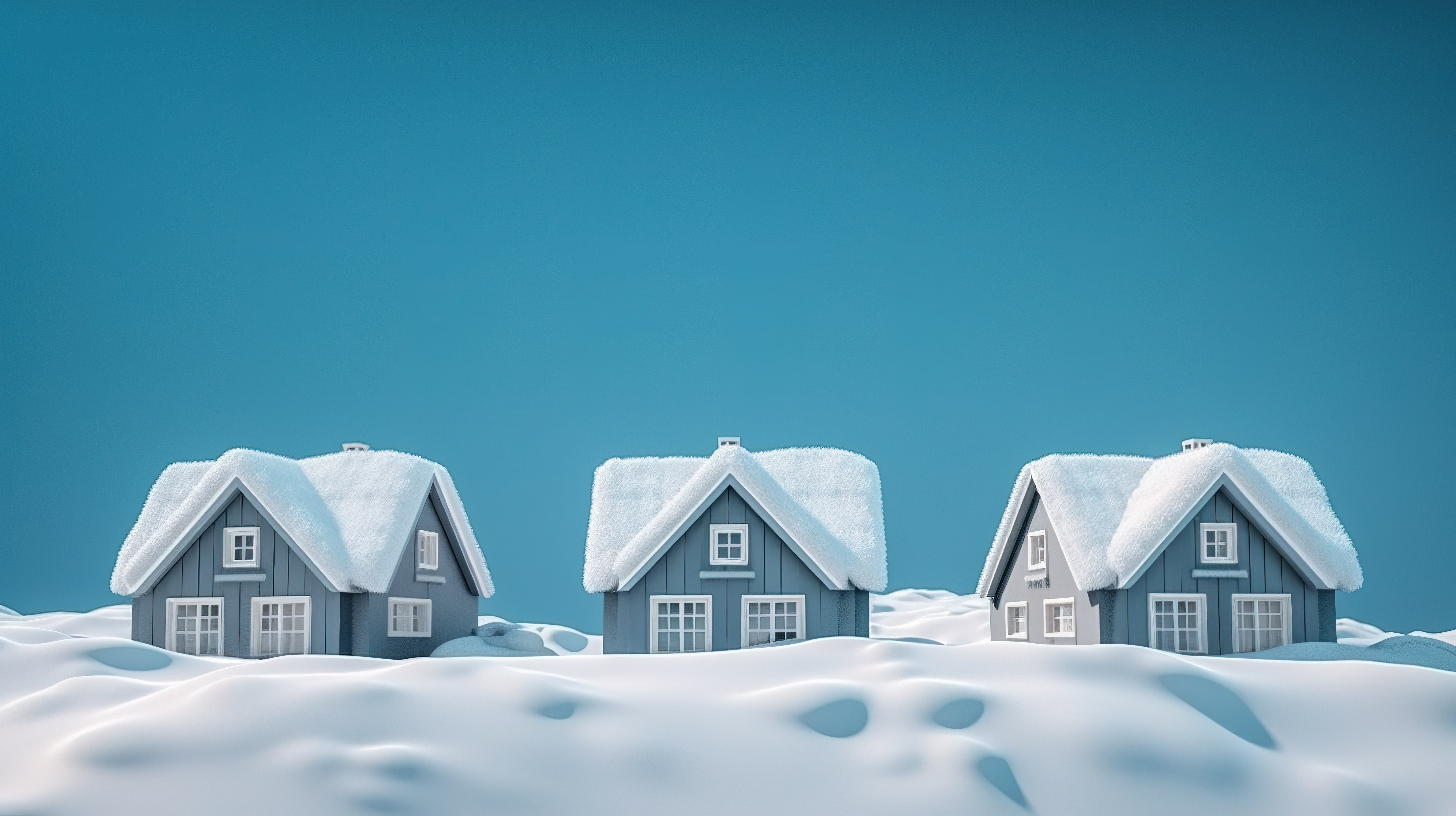 相同的房子被雪覆盖 3D 渲染冬季场景，蓝色背景上有雪堆图片