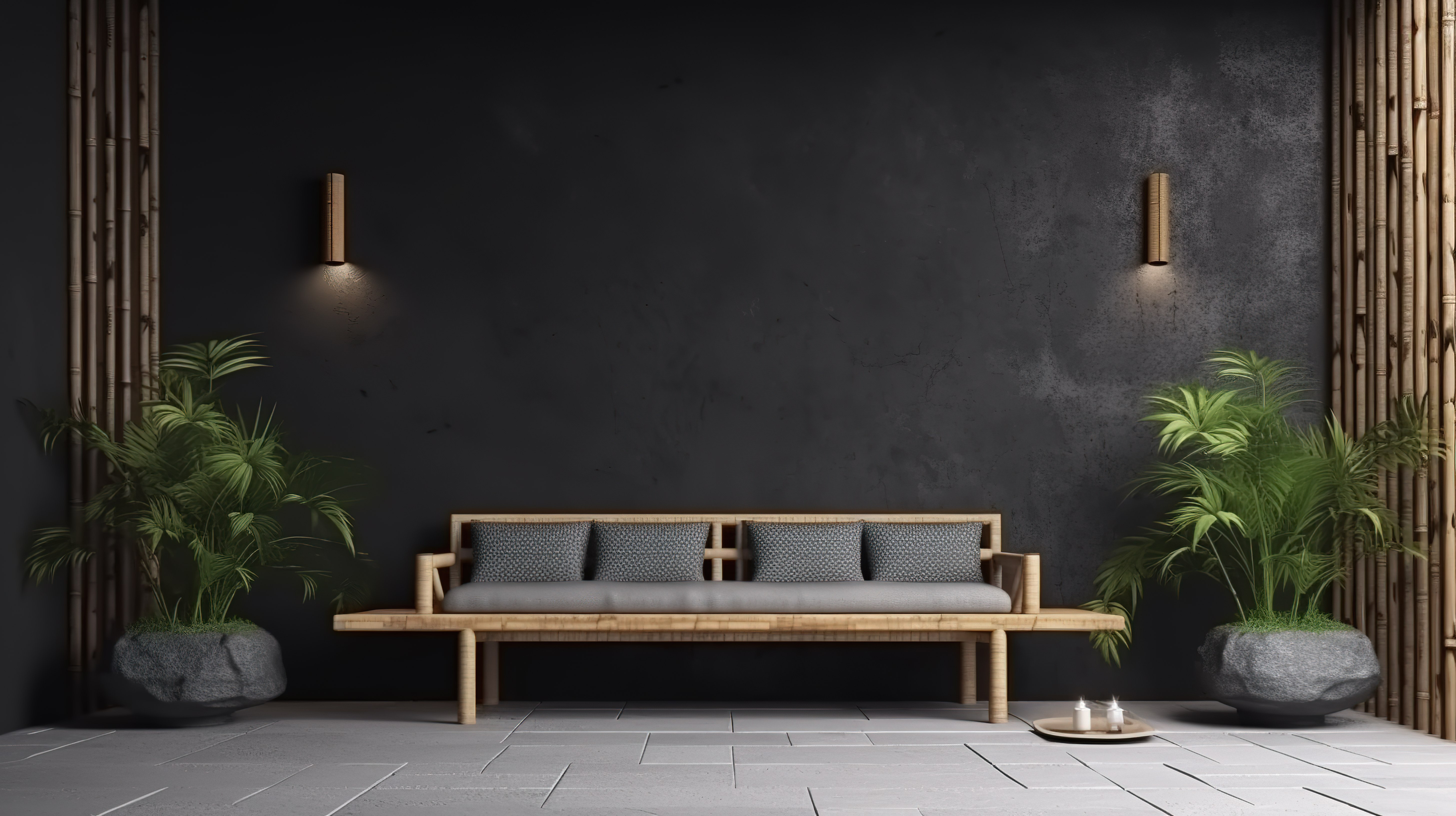 抛光的水泥墙和竹沙发在 3D 渲染中营造出一个放松的半户外避难所图片