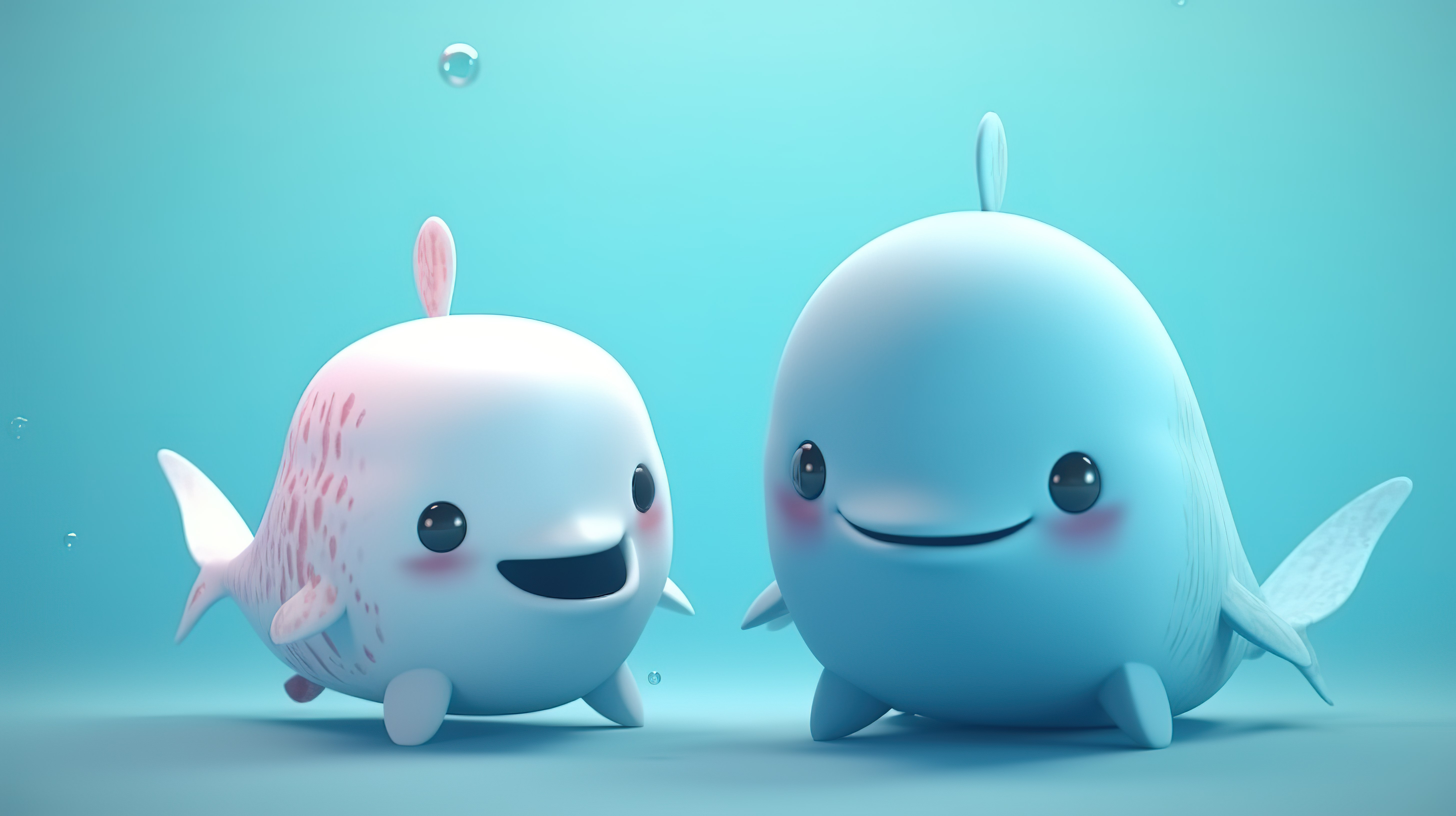 3D 渲染的水下世界中卡哇伊鲸鱼独角鲸和小头鼠海豚的迷人卡通人物图片