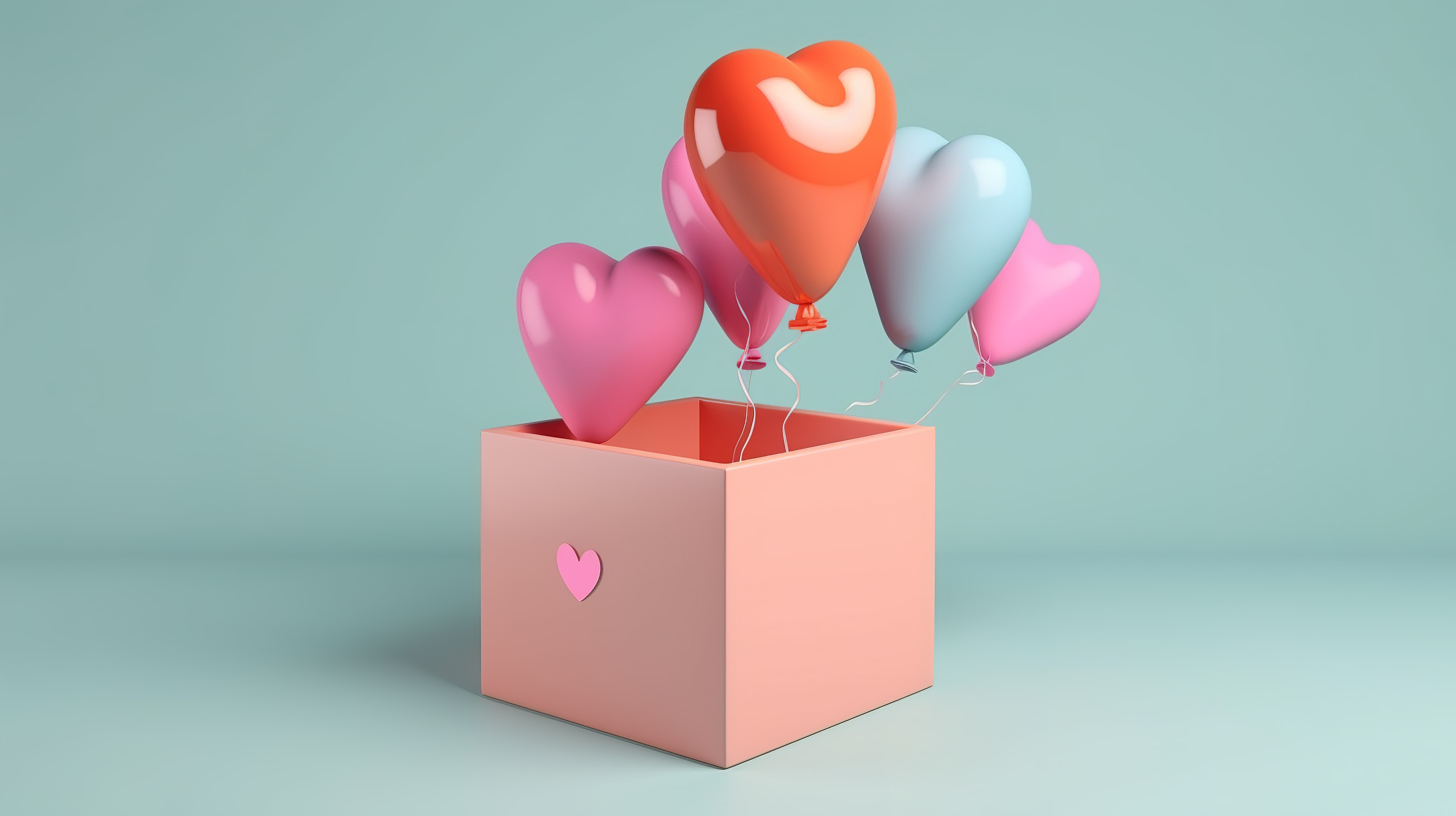 漂浮着 3D 渲染气球的情人节礼品盒装饰品图片