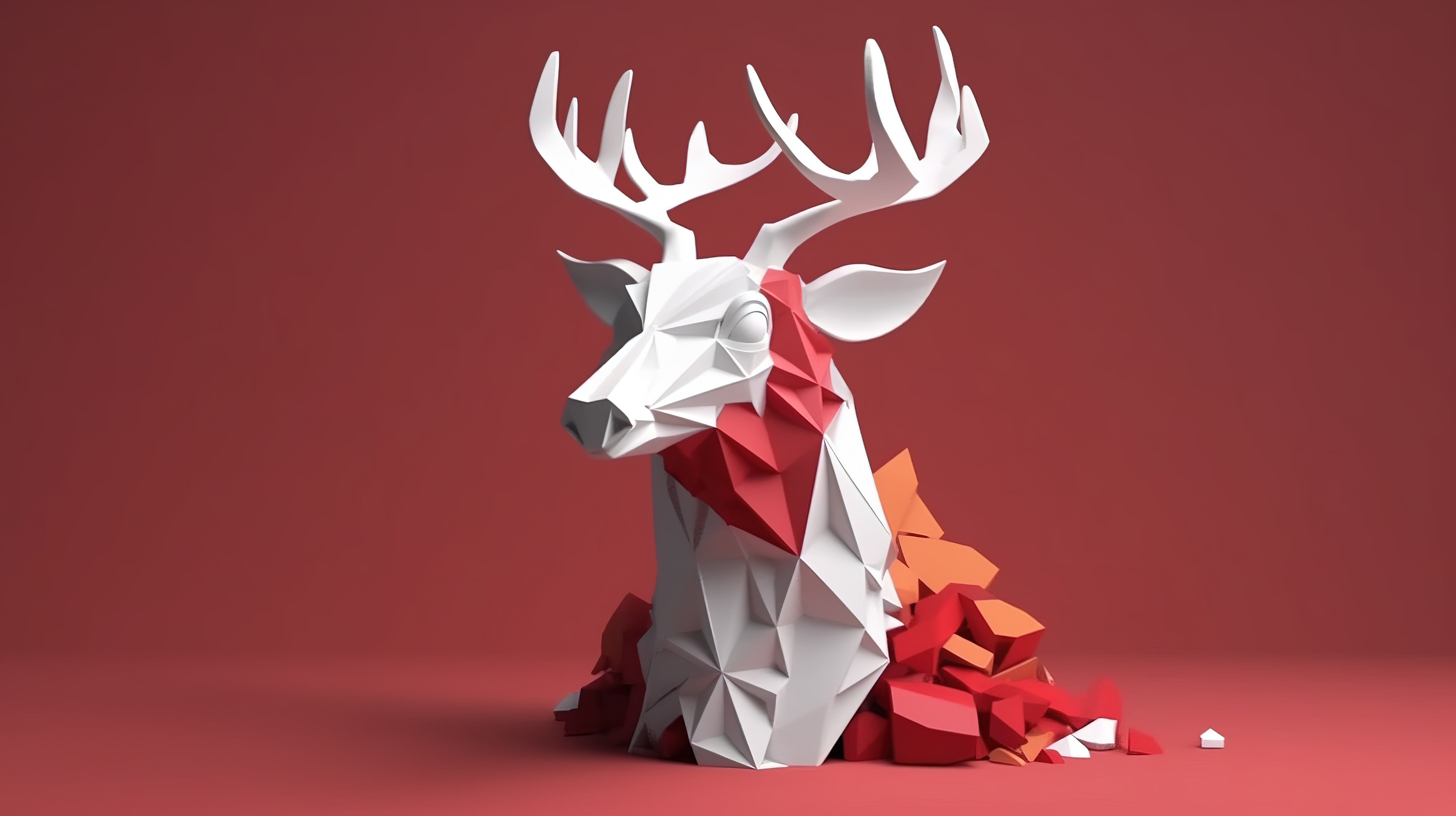 3D 渲染的鹿头，带有节日圣诞老人帽子，采用独特的纸艺和工艺风格图片