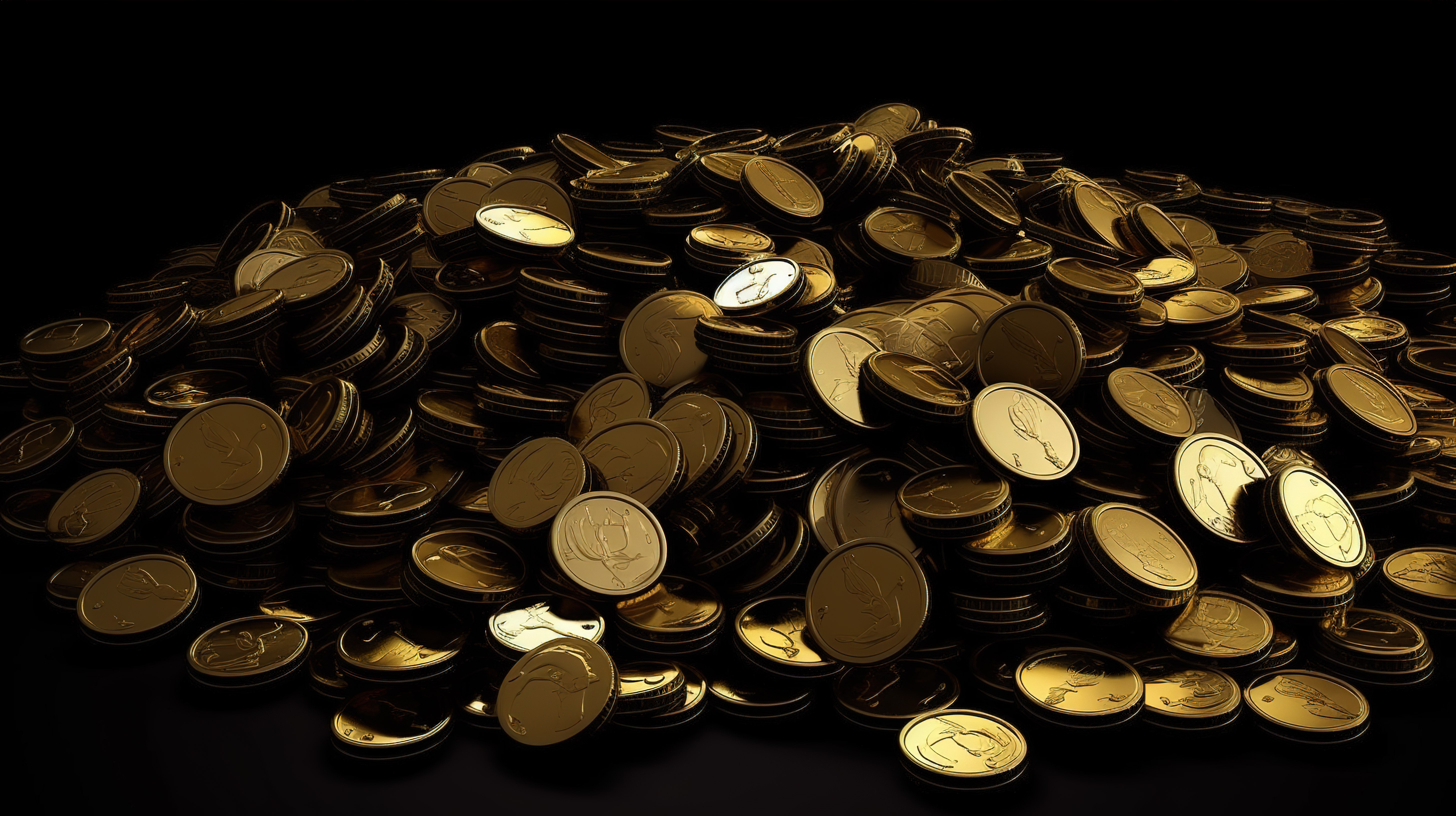 孤立的黑色背景上一堆闪闪发光的金币的 3D 渲染，象征着赌场运气概念中的财富和好运图片