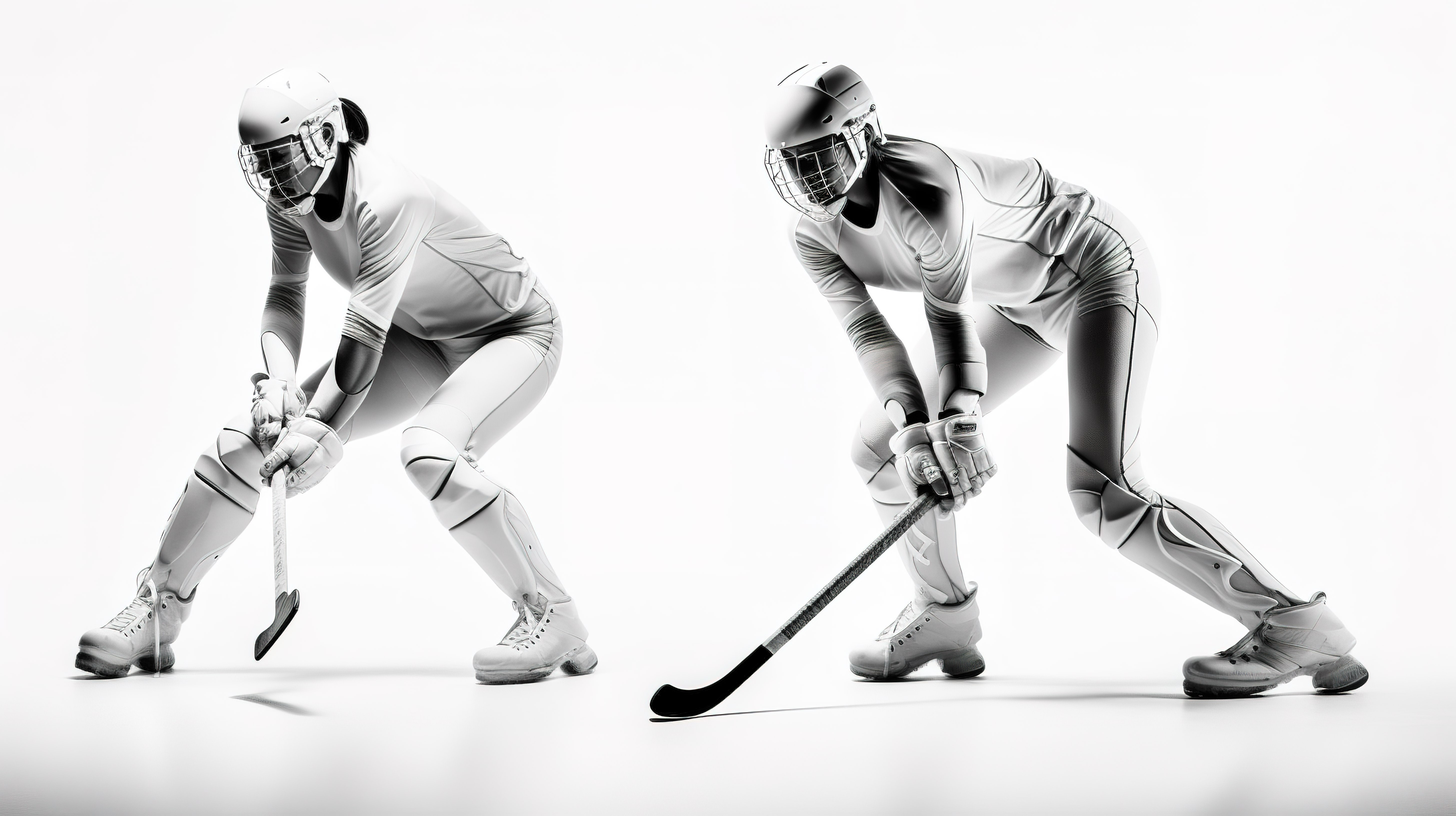 女曲棍球运动员在白色背景上用棍子击球的动作 3D 渲染图片